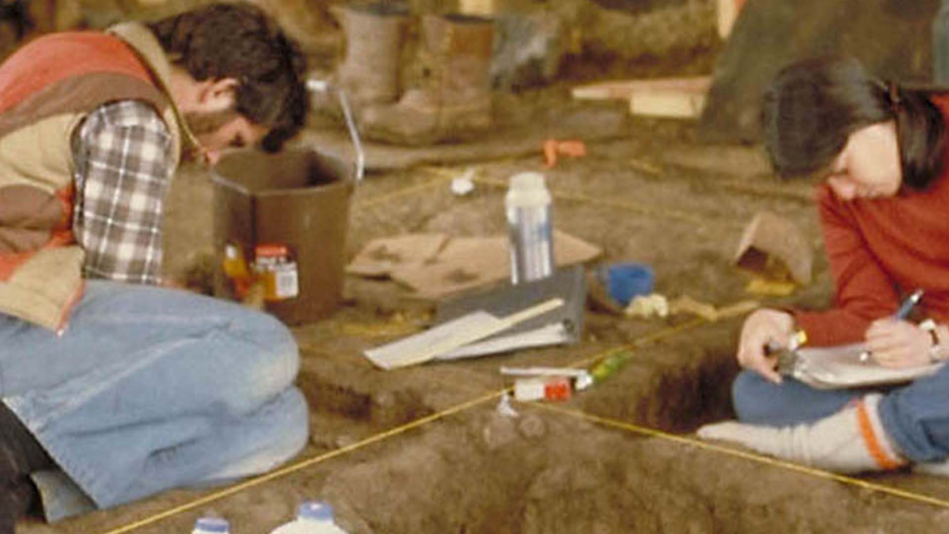 People conducting an archaeological dig at the Windy Gap Reservoir site.