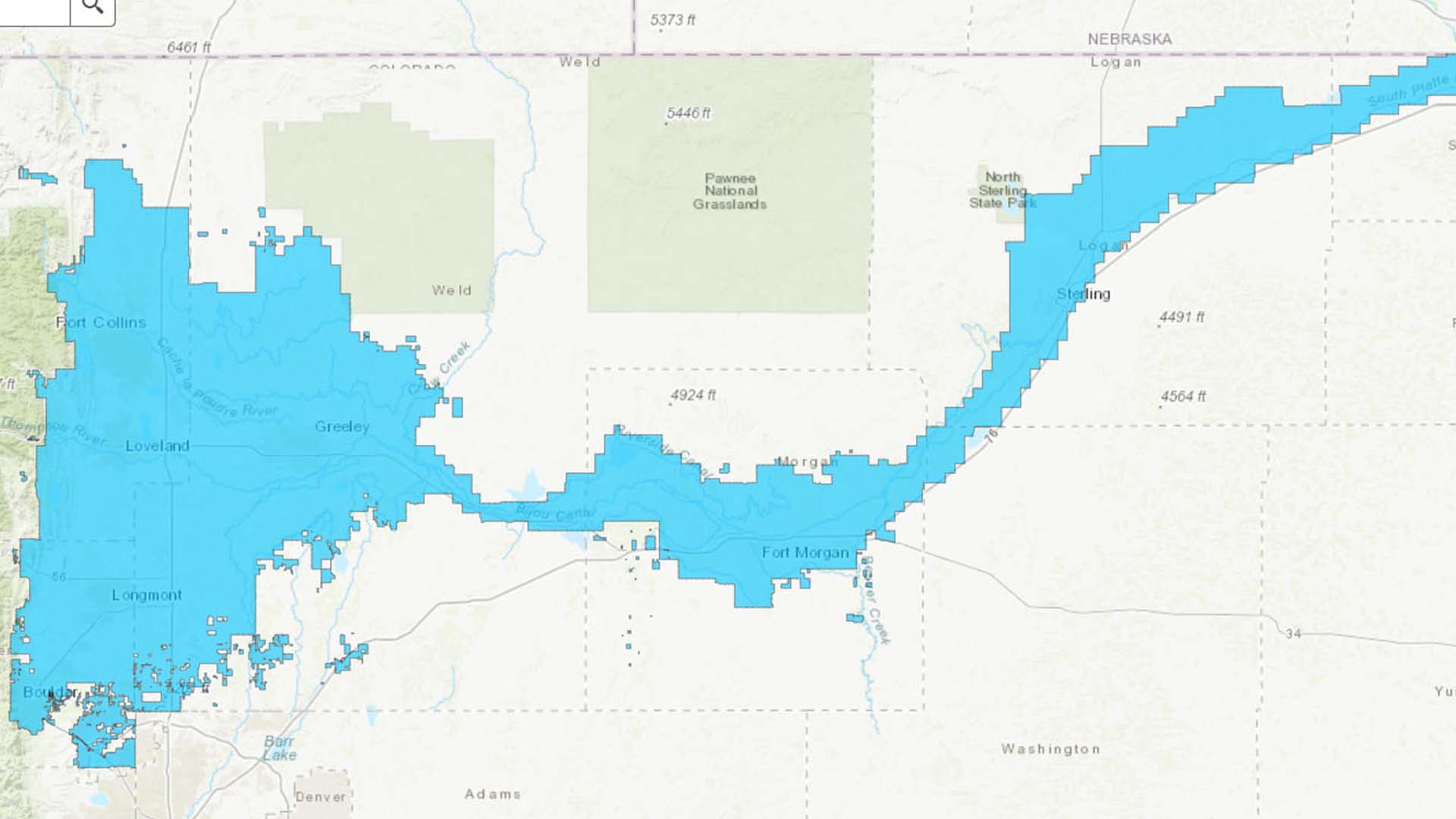 Map showing Northern Water boundaries in northeastern Colorado.