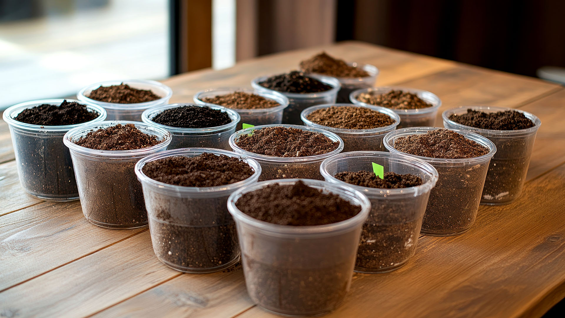 Different soil types in small plastic cups on a table.