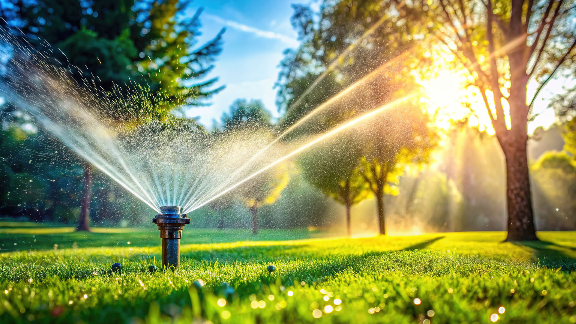 Sprinker pushing water into the air over lawn with trees in background.