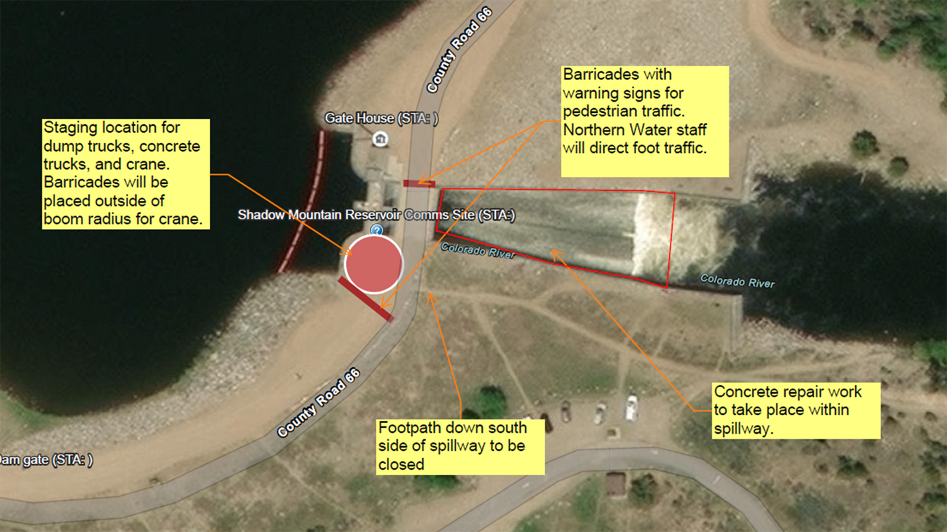 Traffic control plan for work on the Shadow Mountain Dam shows staging for equipment, barricades, closure of footpath and location of work to be performed. 