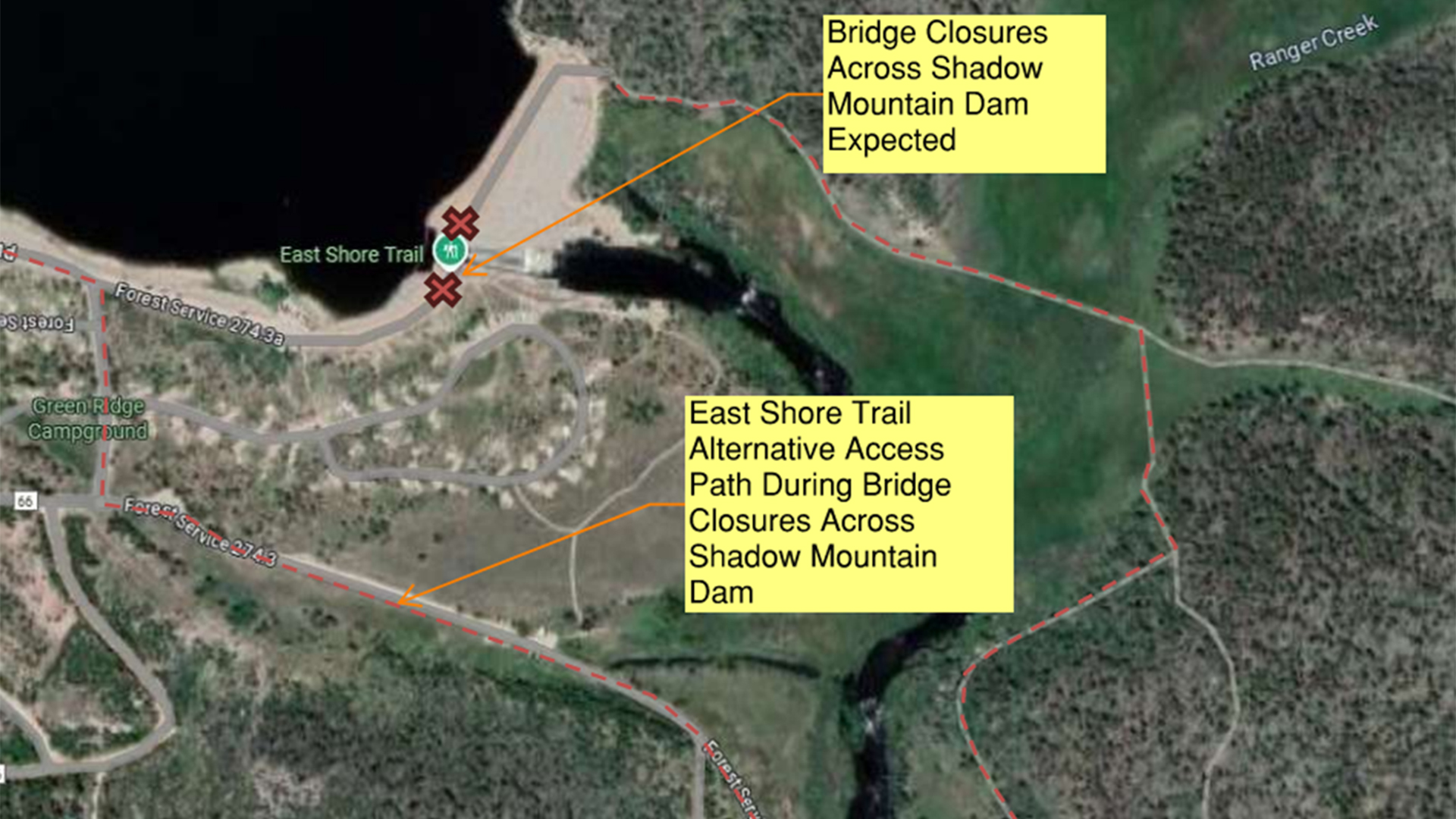 Map showing trail closures near Shadow Mountain Dam during work performed. 