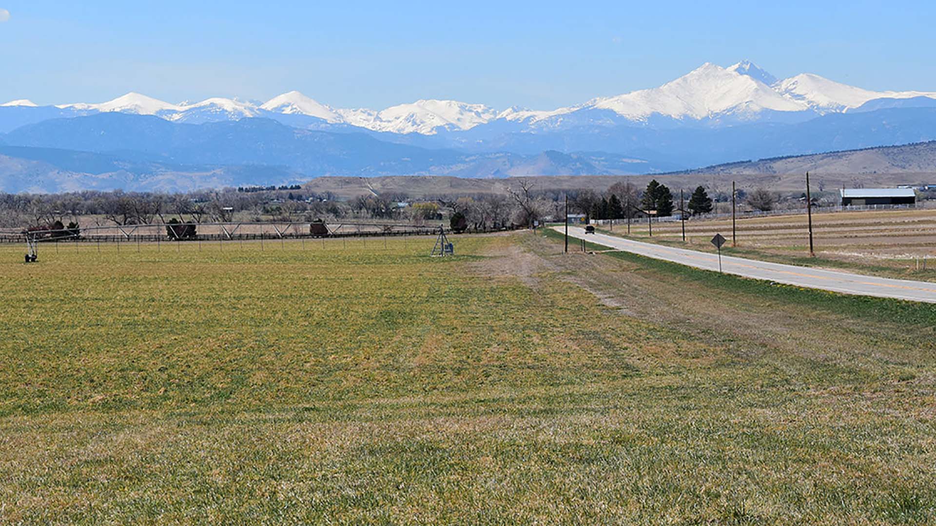 Farmland field alongside a dirt road with the Colorado Front Range mountains in the background.
