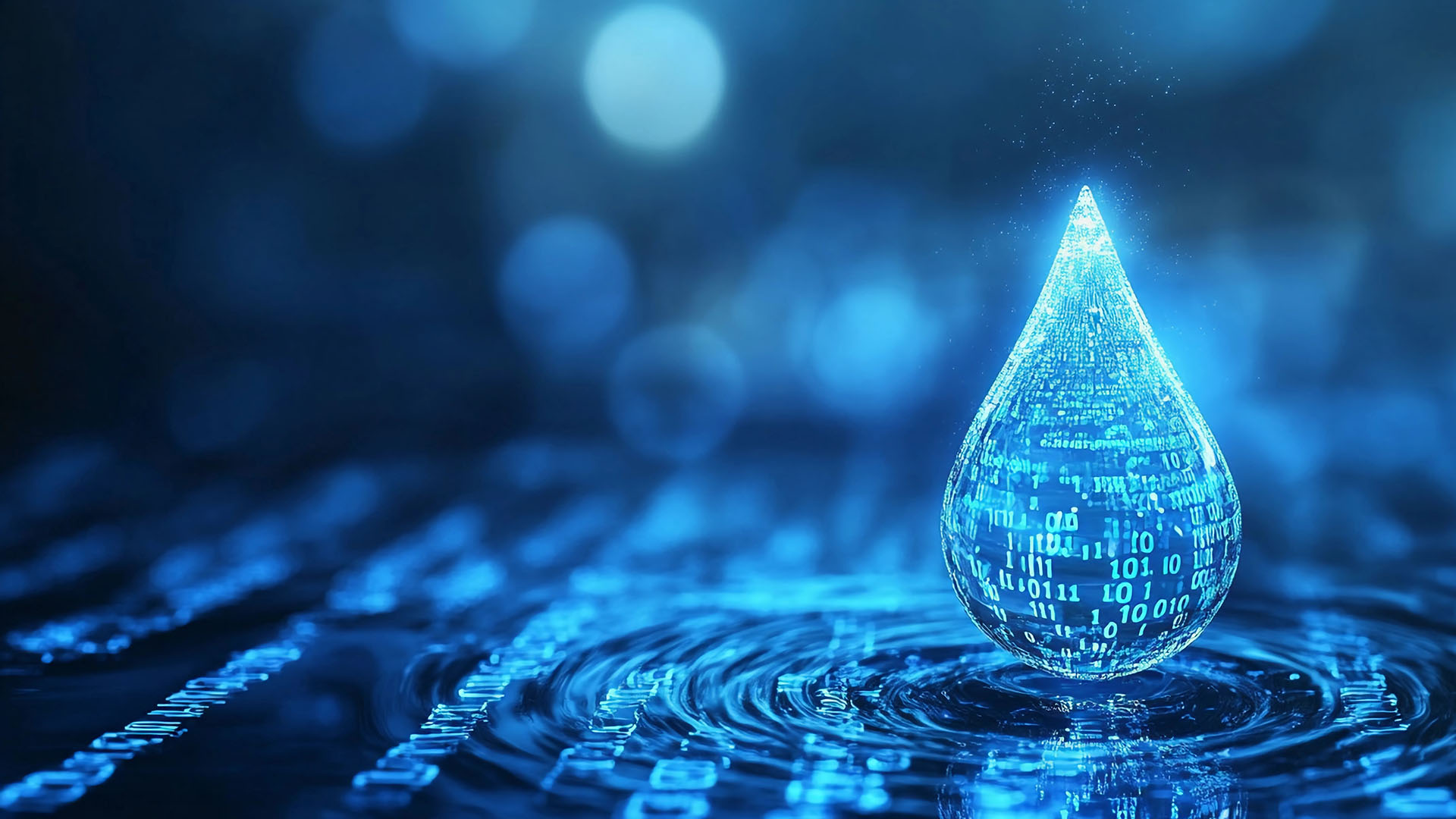 Water droplet with data numbers inside it sitting on a blue background. 