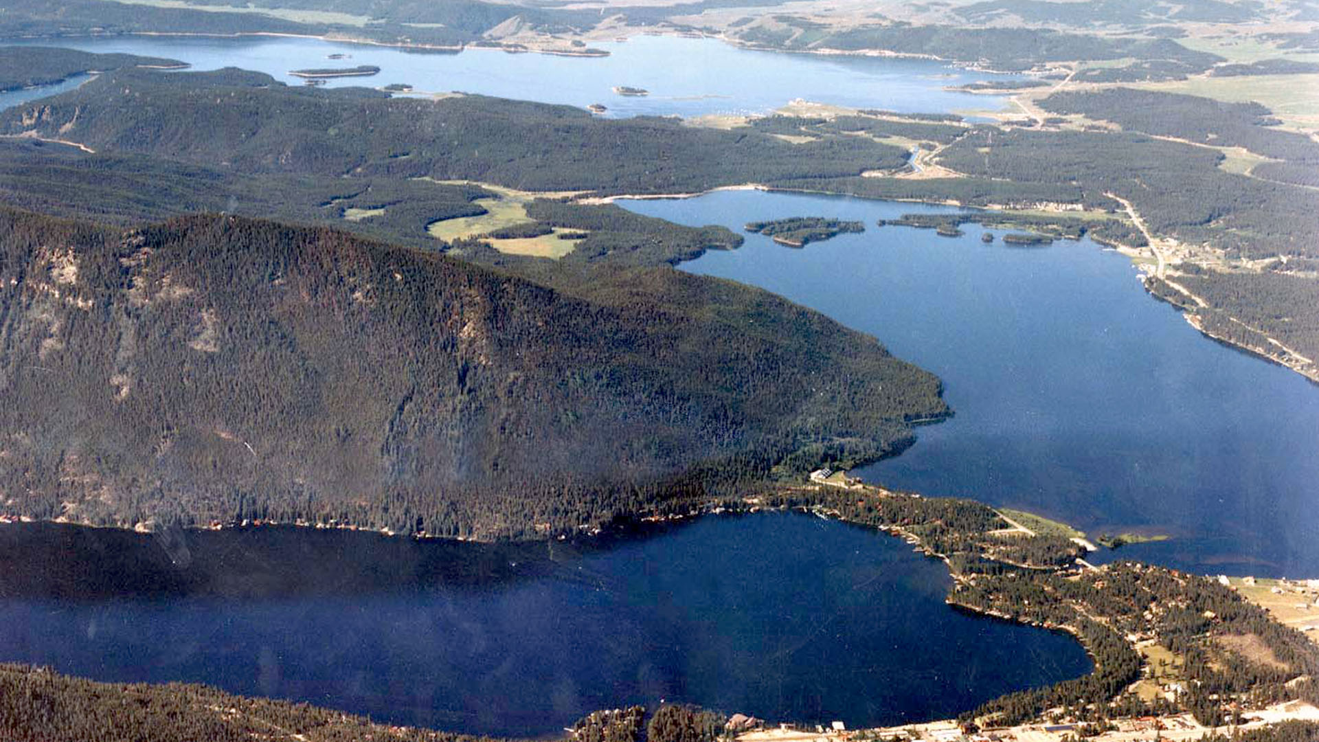 Aerial image of Grand Lake, Shadow Mountain Reservoir and Lake Granby. 