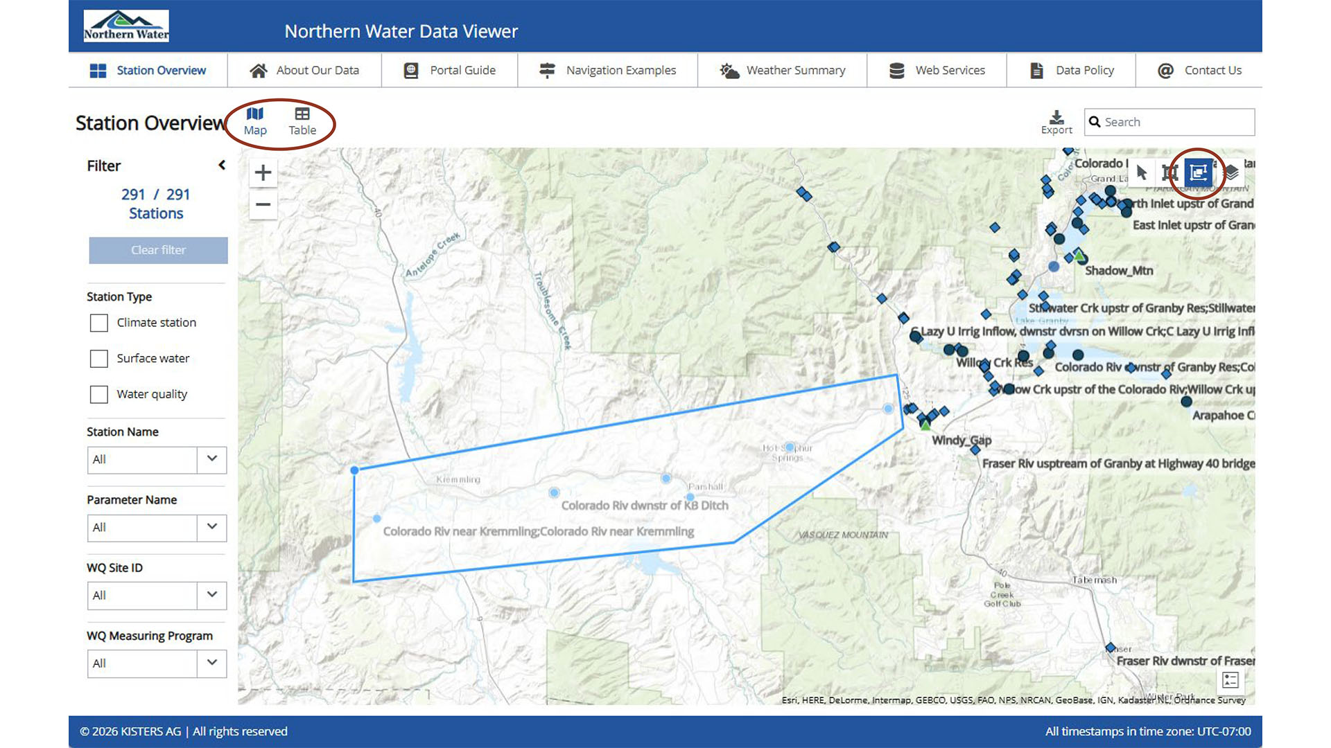 Screenshot of the data portal timeseries and water quality from map polygon 1.