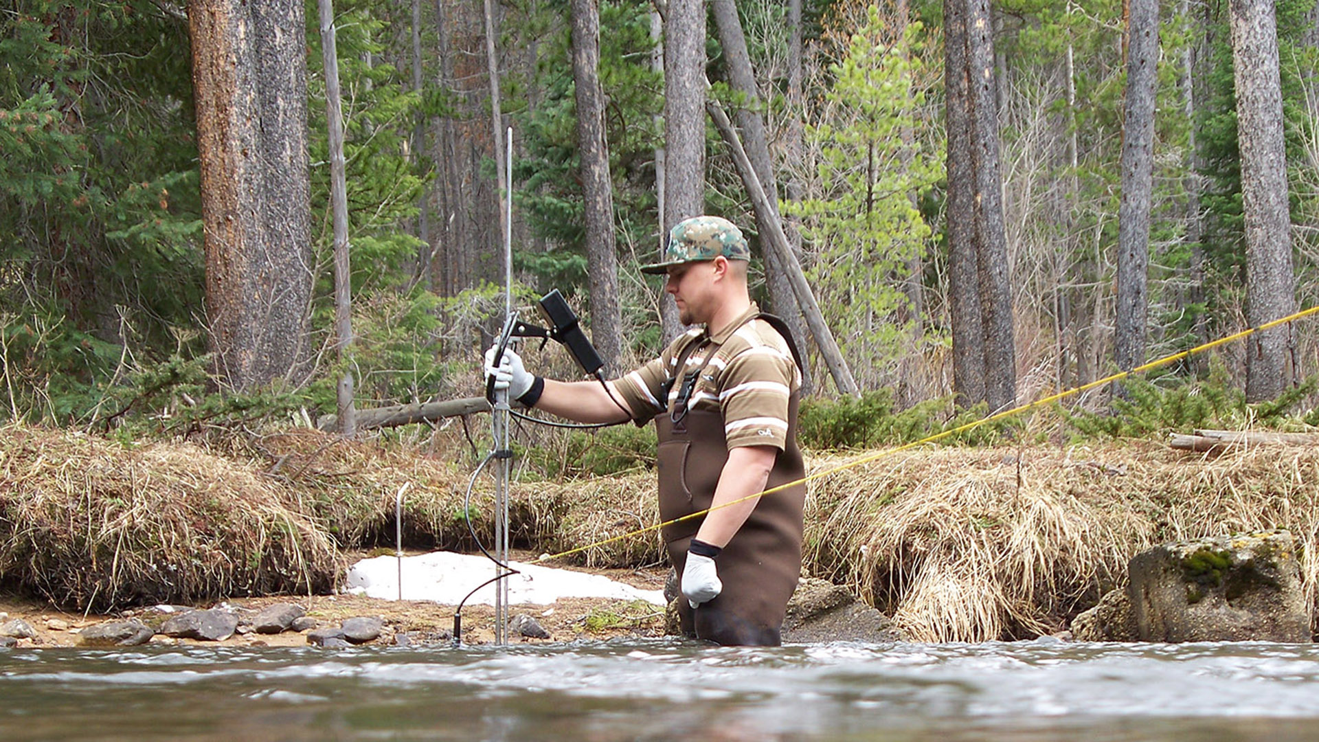 Water quality personnel measures discharge in river