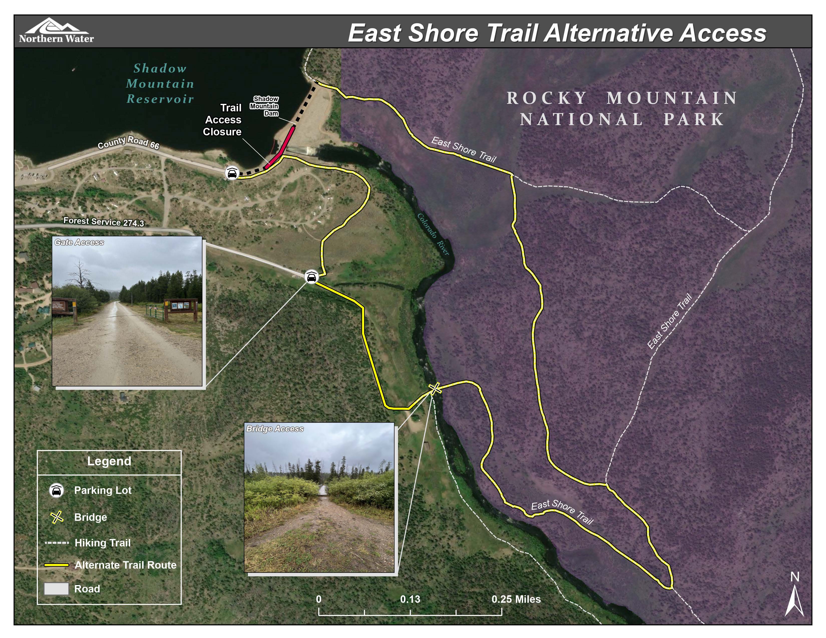 Shadow Mountain Spillway East Shore Trail Alternative Access map. Map shows edge of Shadow Mountain Reservoir in upper left corner along with the dam. Map shows trail moving southeast from the dam to take the alternative trail during the closures.