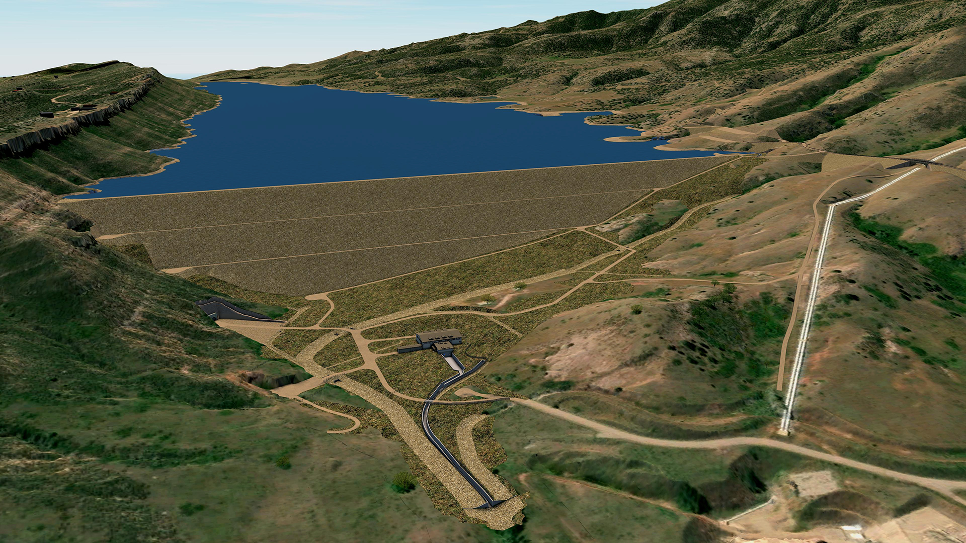 Rendering of full reservoir looking south with valve house and Flatiron Penstocks in view. 