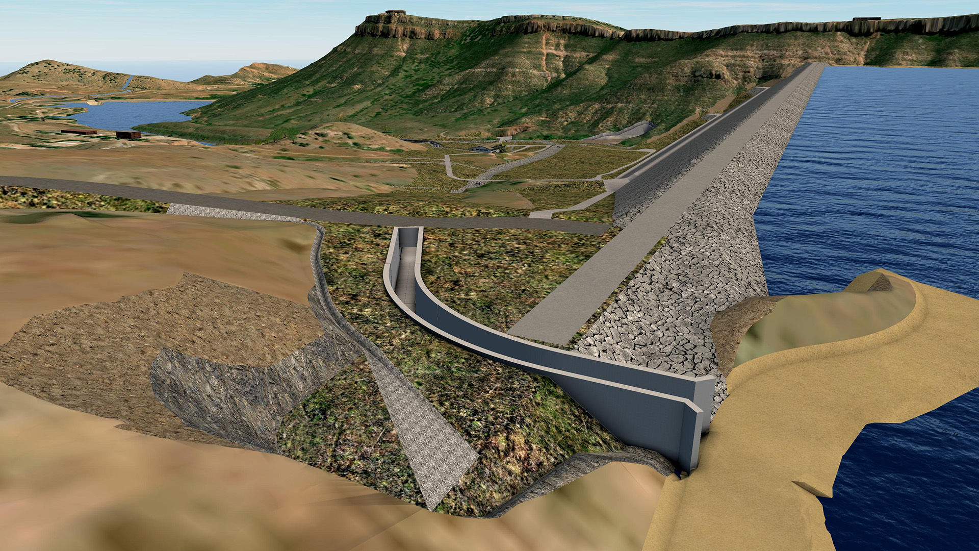 Rendering of the spillway next to the main dam at Chimney Hollow.