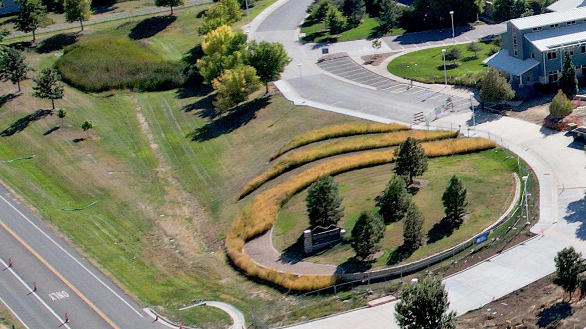 Stormwater basins on campus collect water.