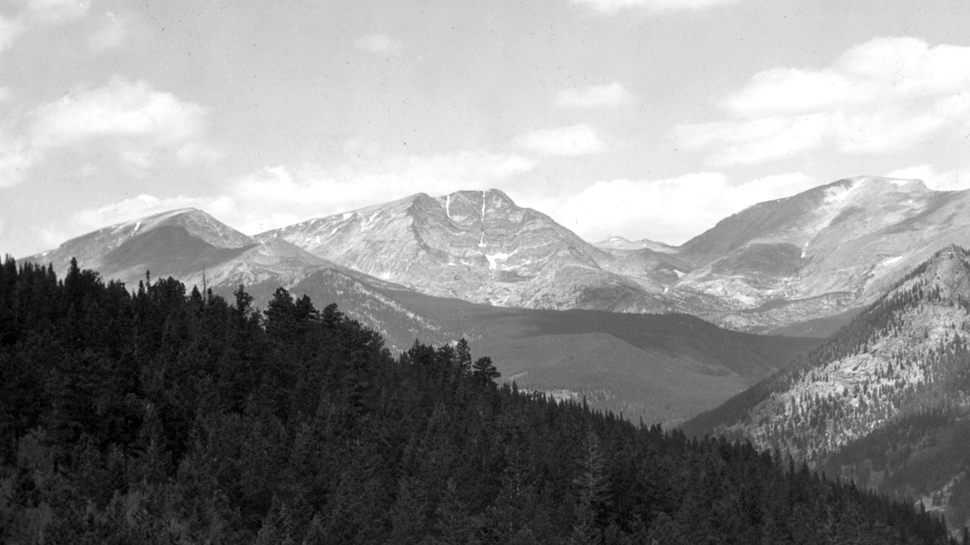 Mountains with little snow and trees in the foreground.