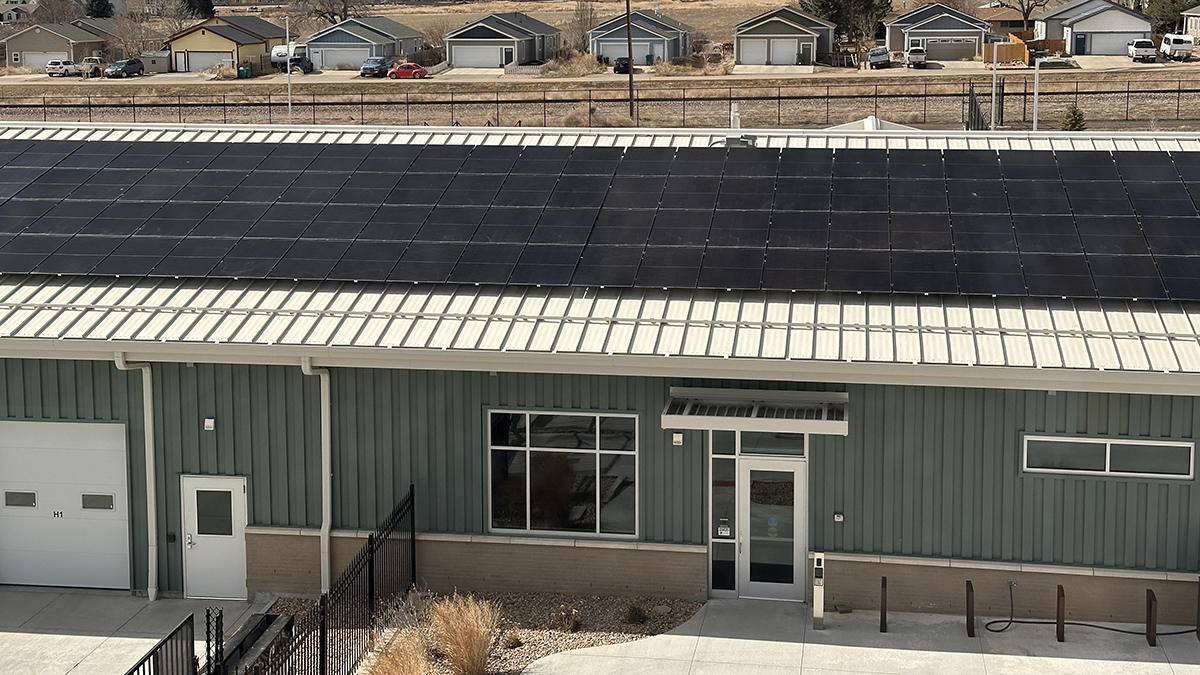 Solar panels on top of a building at Northern Water's Berthoud campus