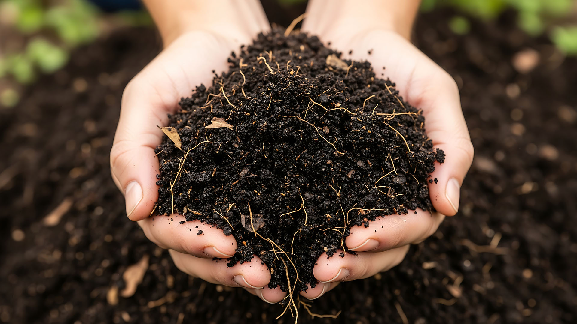 Soil in two hands over the top of dirt.