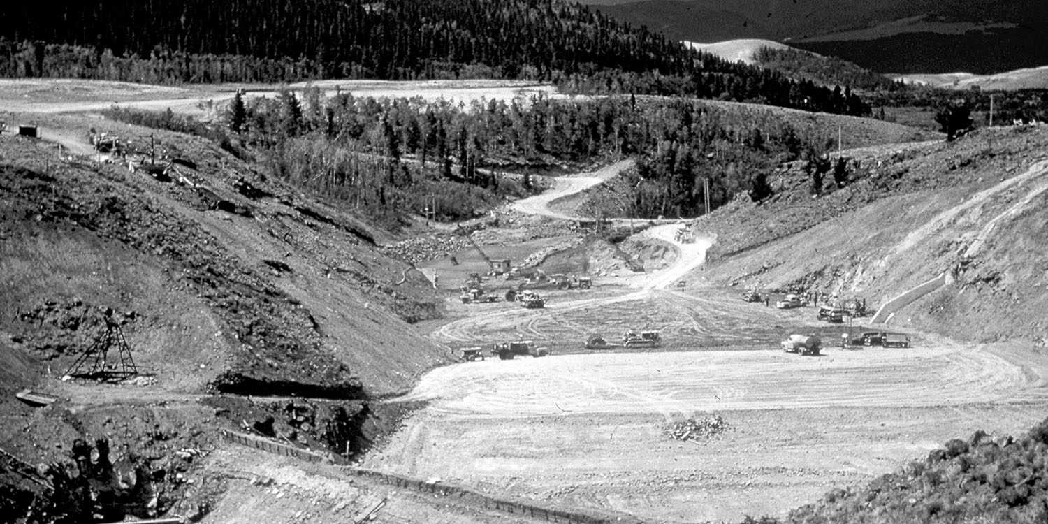 Black and white photo of Willow Creek construction activities