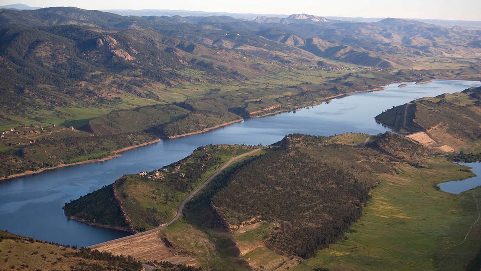 Aerial image of Horsetooth Reservoir.