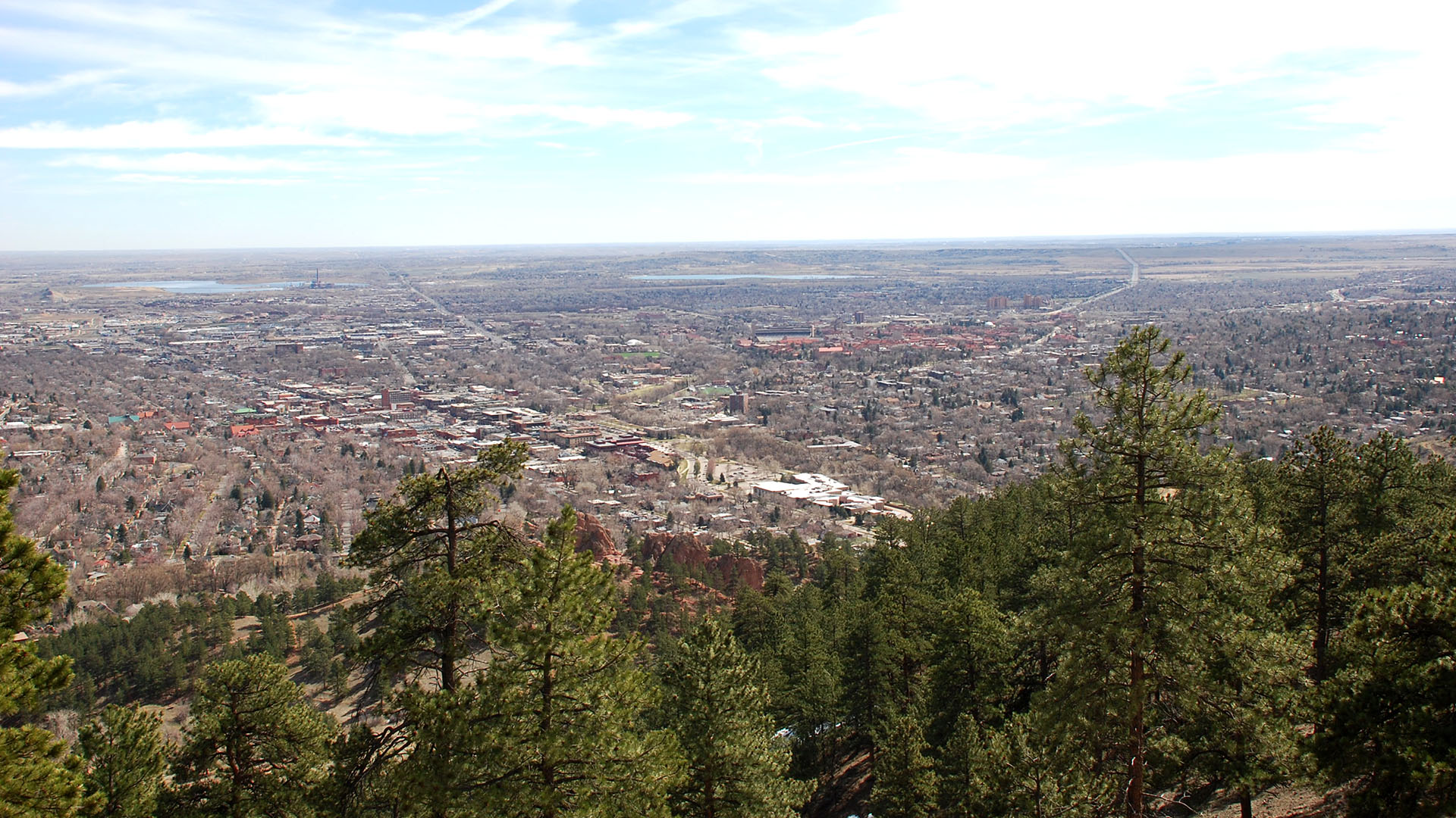 Overview of City of Boulder with trees in foreground.