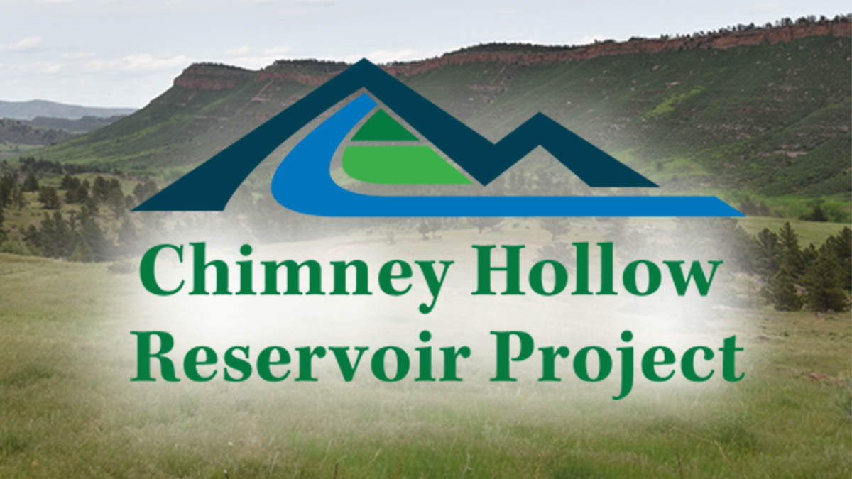 Chimney Hollow Reservoir logo with valley in background.