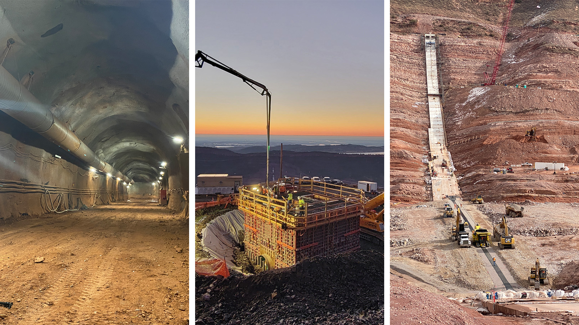 Three-photo collage: left is a photo of the inide of the tunnel, middle is a sunrise shot looking east with the Bald Mountain Interconnect valve vault highlighted, and right is a photo of the man dam with the asphalt core machine placing aspalt. 