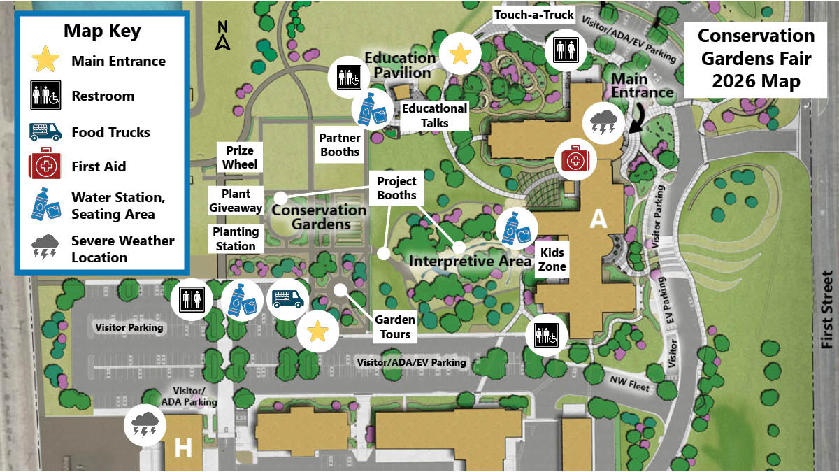 Map of Northern Water Berthoud campus showing location of activities for the 2026 Conservation Garden Fair. 