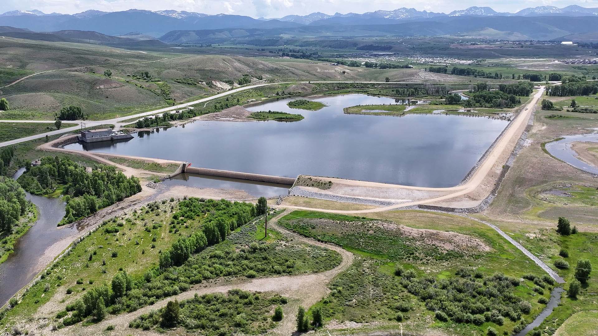 Aerial image of Windy Gap Reservoir. 