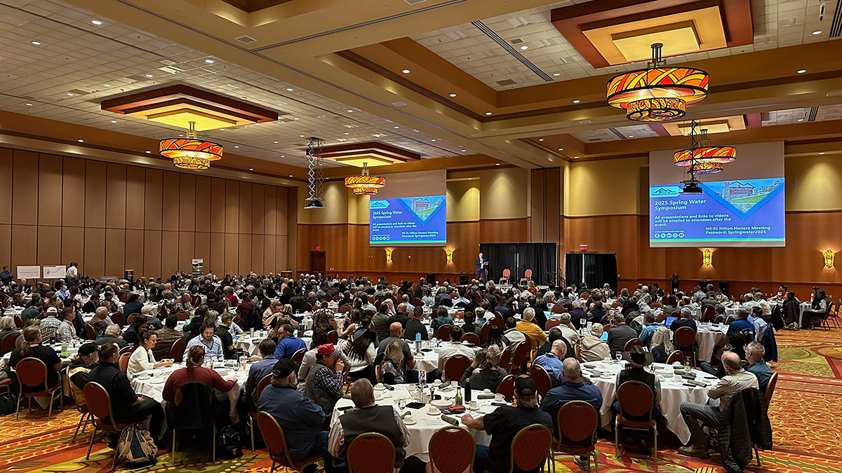 People sit at conference room tables listening to a presenter on stage
