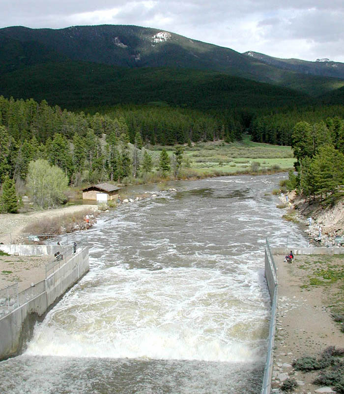 Water flowing below Shadow Mountain Reservoir.