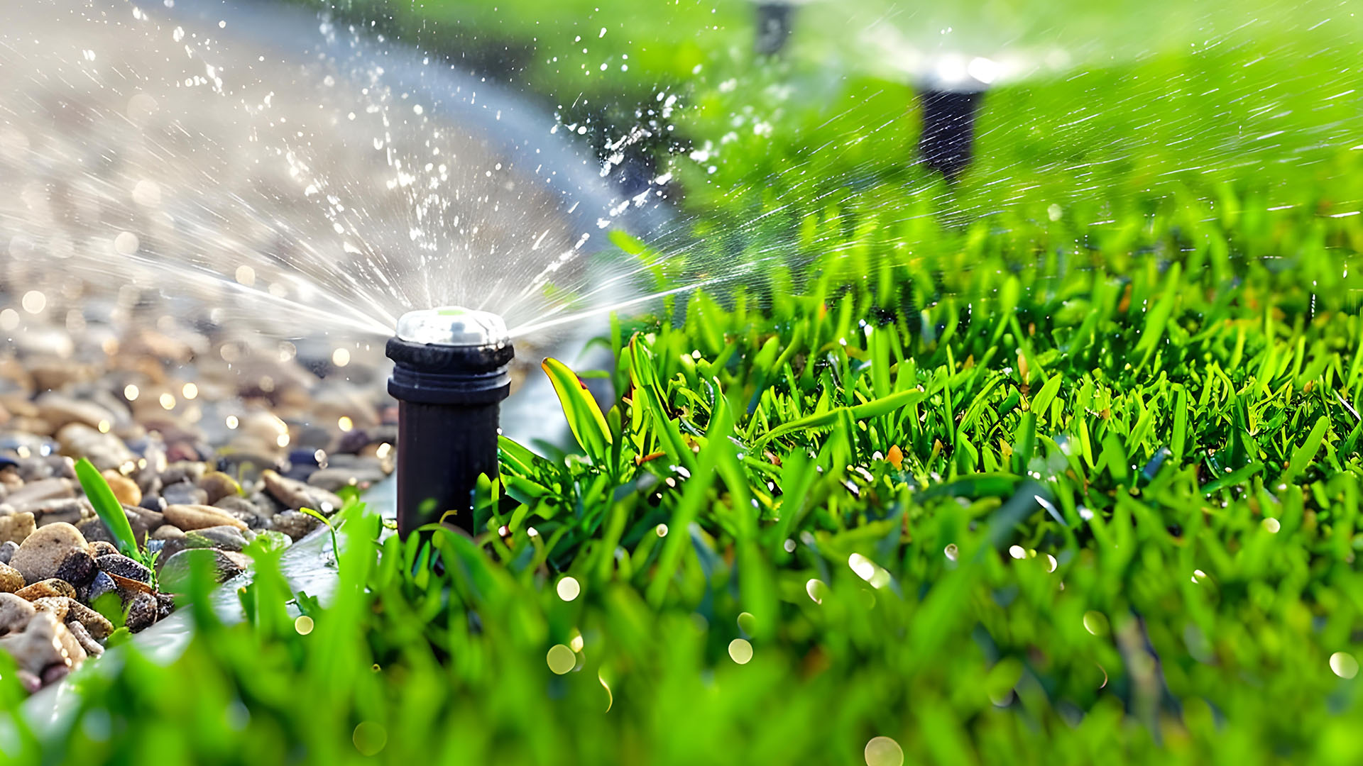 Water efficiency sprinkler heads spraying water on grass.