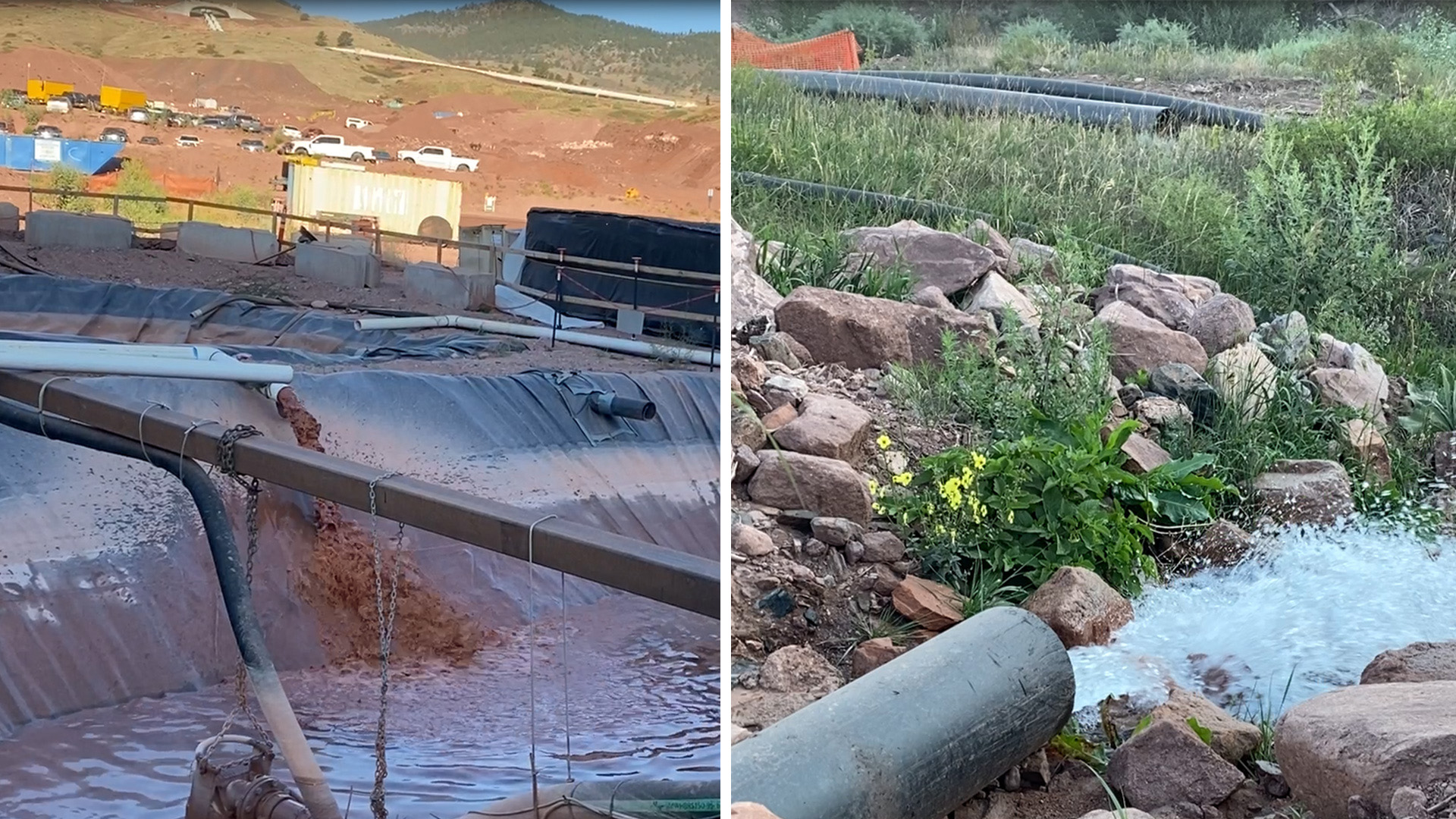 Side by side photo of dirty water coming in to the on-site water treatment plant and clean water leaving it.