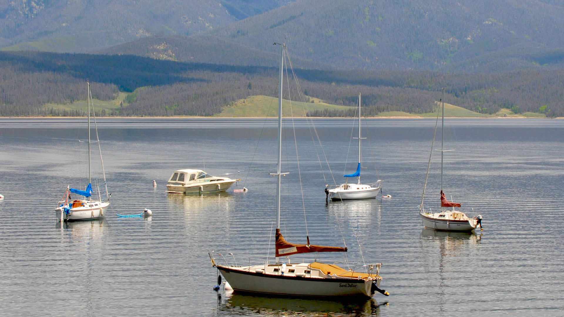 Sailboats out on a body of water with mountains in the background.