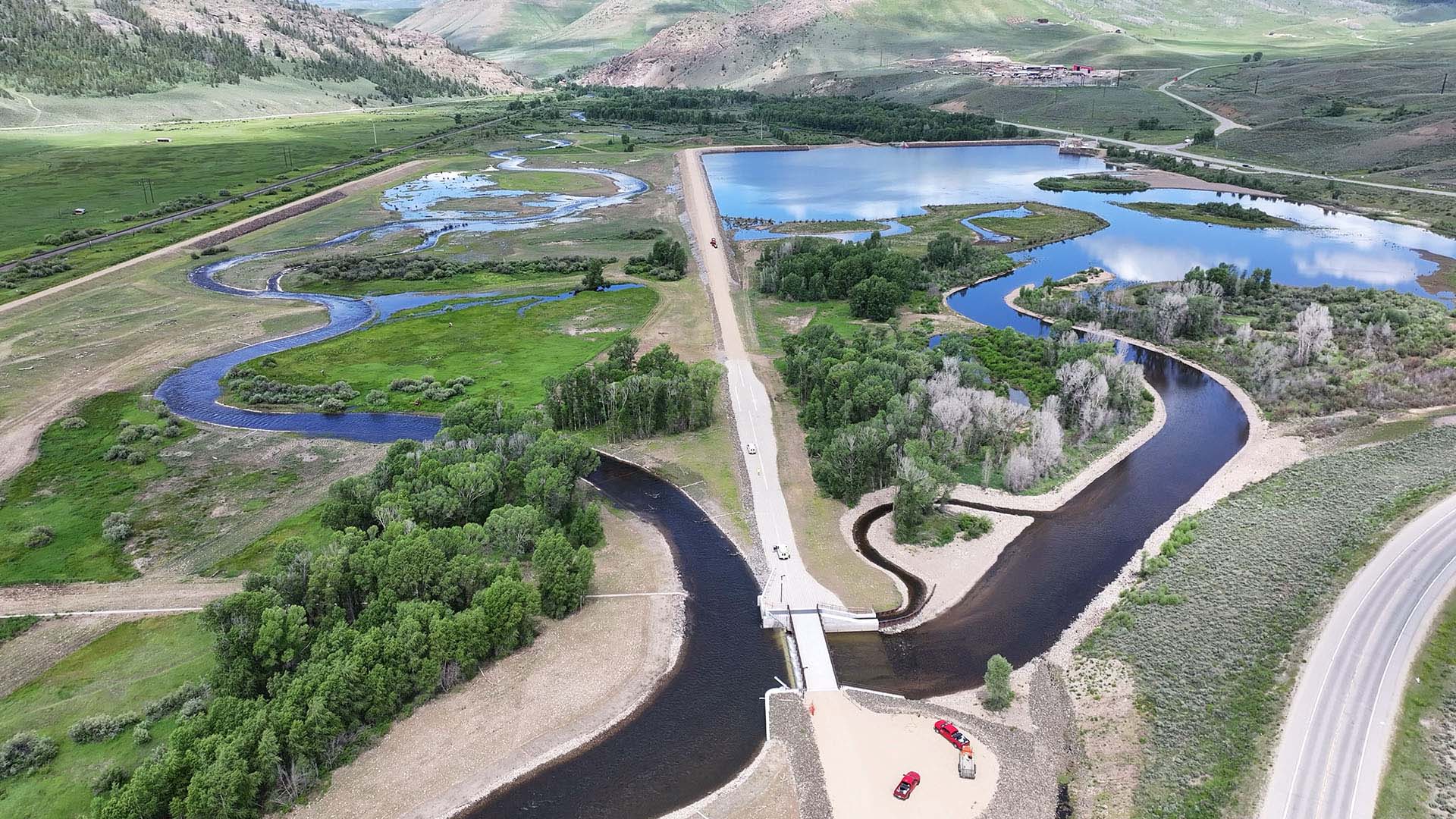 Aerial image of the Colorado River Connectivity Channel that divides the Windy Gap Reservoir on the right and reconnects the Colorado River.