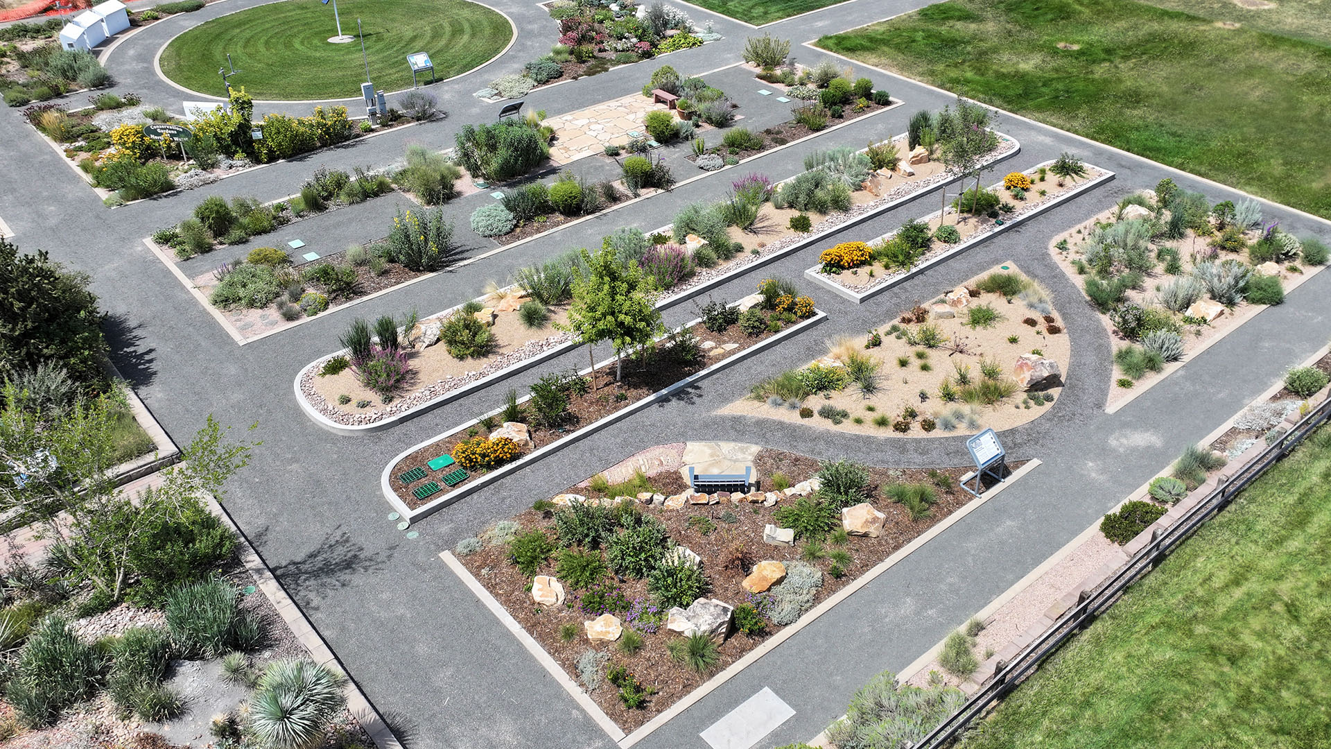 Aerial image of Conservation Gardens with various demonstrations. 