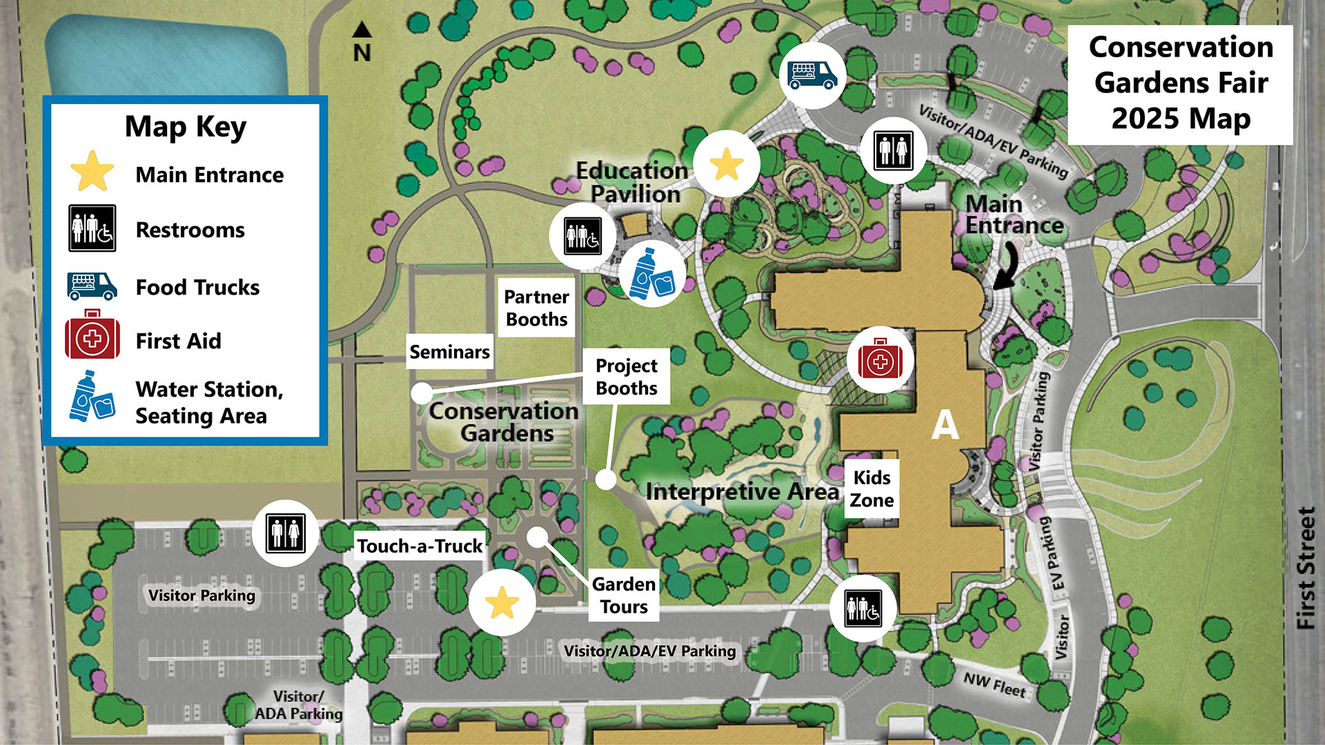Map of the 2025 Conservation Gardens Fair that shows the campus of Northern Water in Berthoud, CO. The map identifies main buildings on the campus, as well as Fair locations including seminars, booths, food trucks, restrooms, kids activities and more