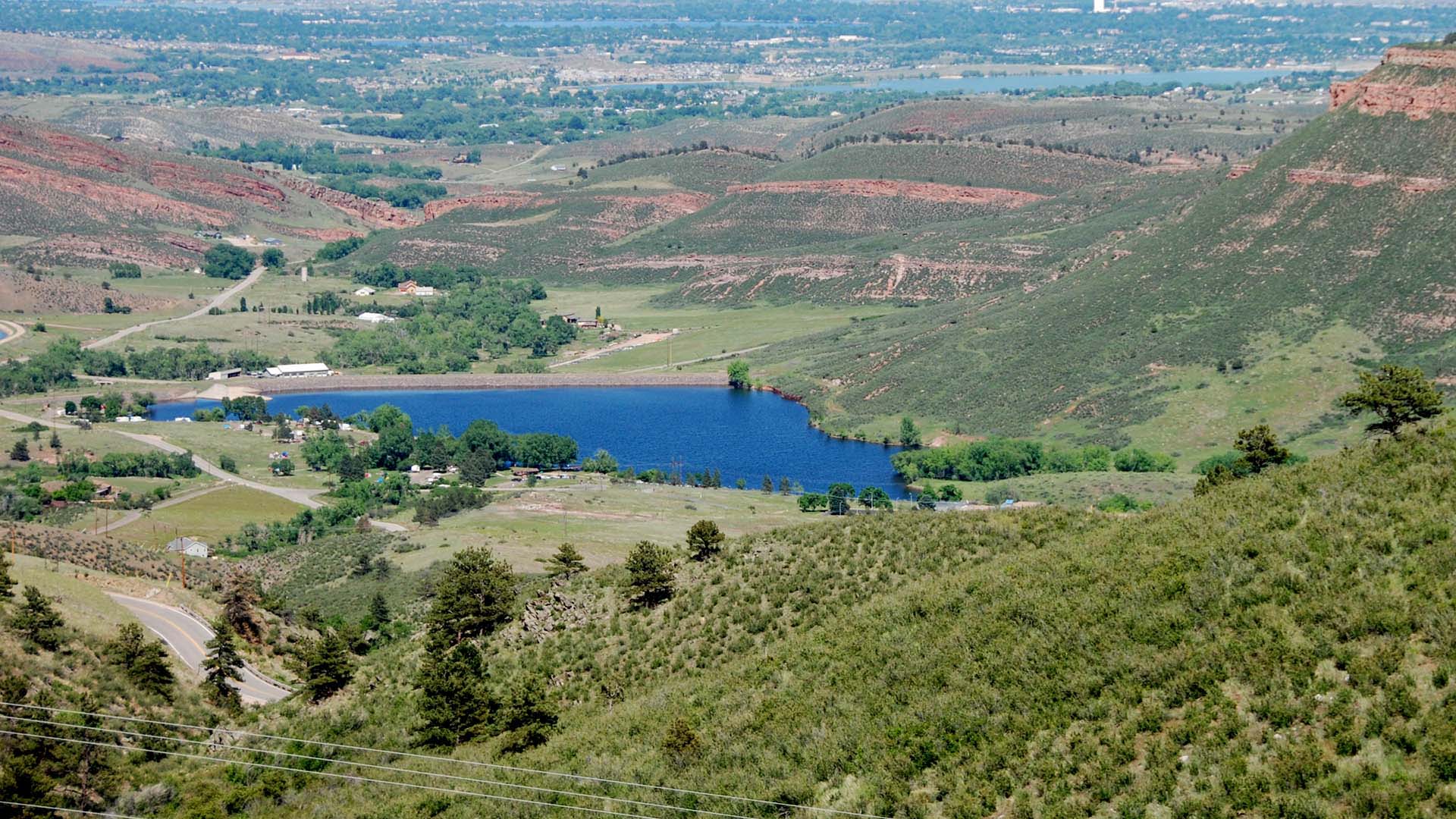 Aerial image of Flatiron Reservoir.