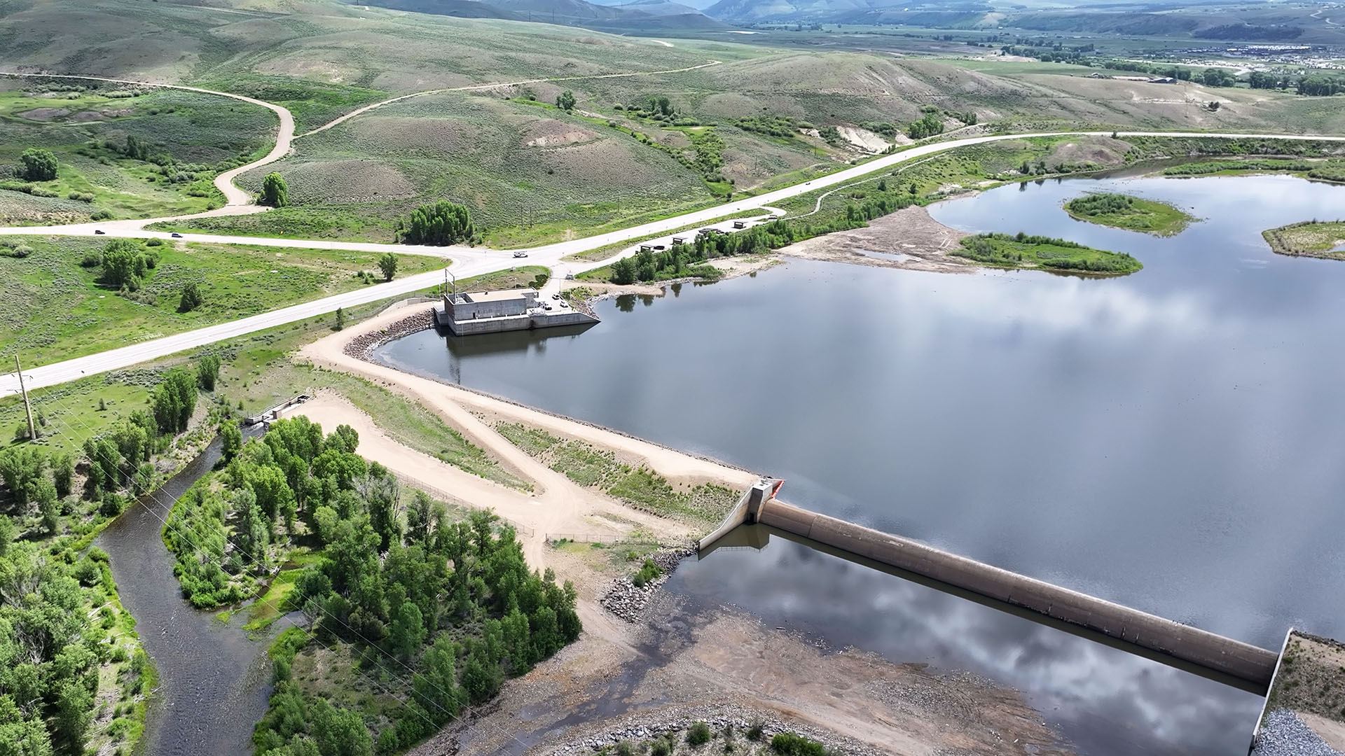 Aerial image of Windy Gap Reservoir.