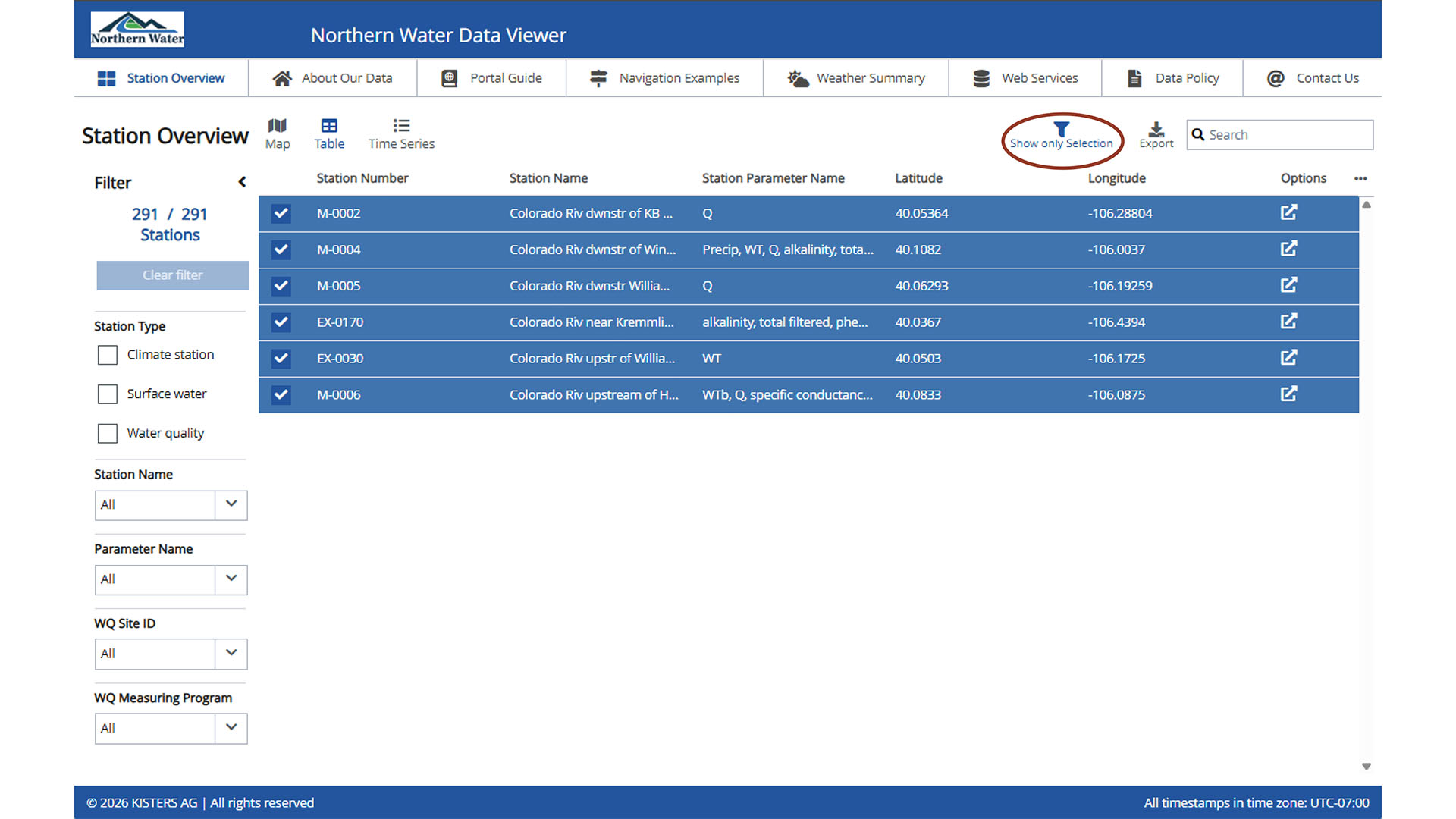 Screenshot of the data portal timeseries and water quality from map polygon 2.