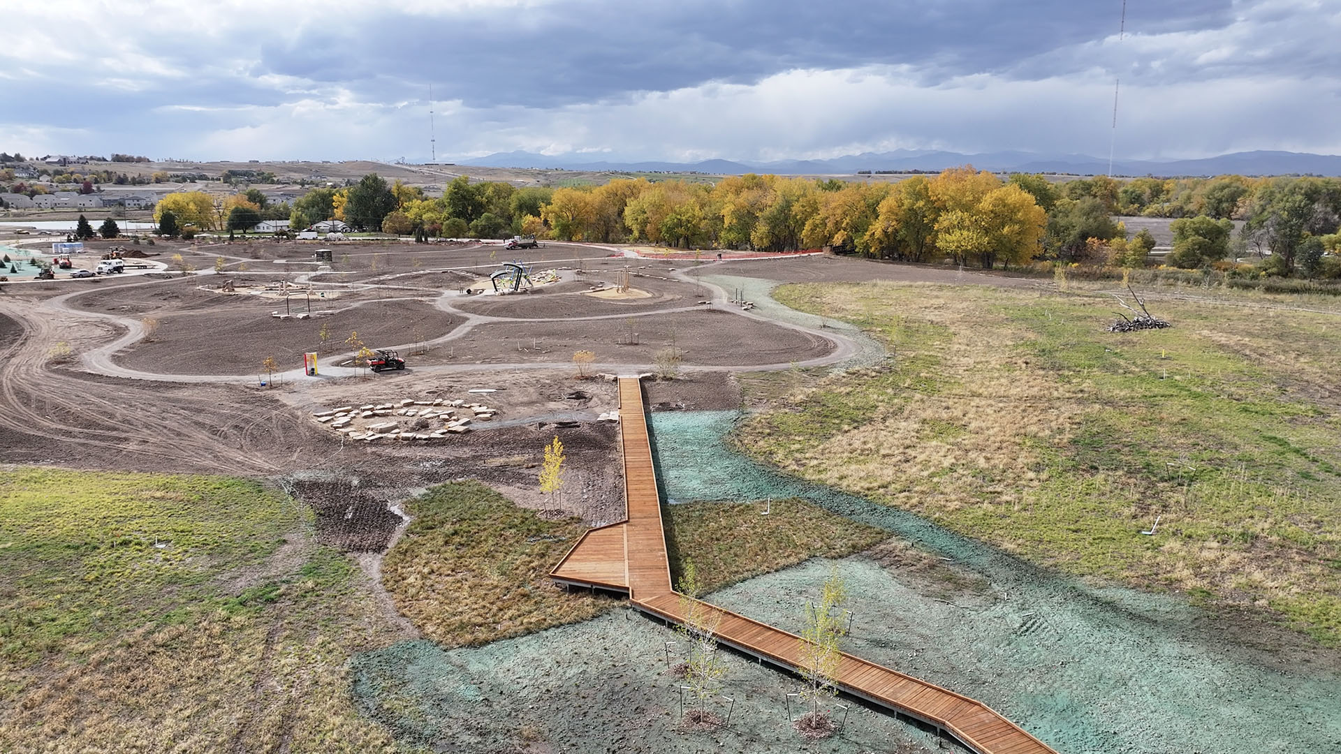 Aerial image of Eastman Park project in Windsor showing a boardwalk over the wetlands, play areas and more.