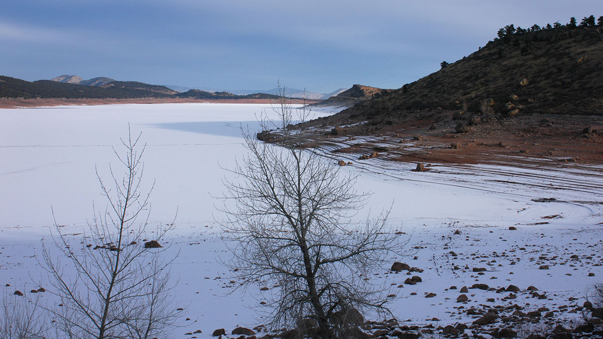 Carter Lake covered in snow in the winter