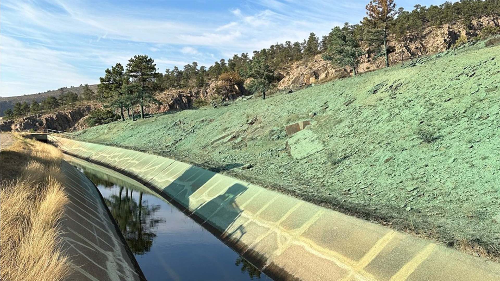 Hydromulching was applied above the Hanson Feeder Canal following the 2024 Alexander Mountain Fire to reduce erosion and prevent sediment from entering critical waterways.