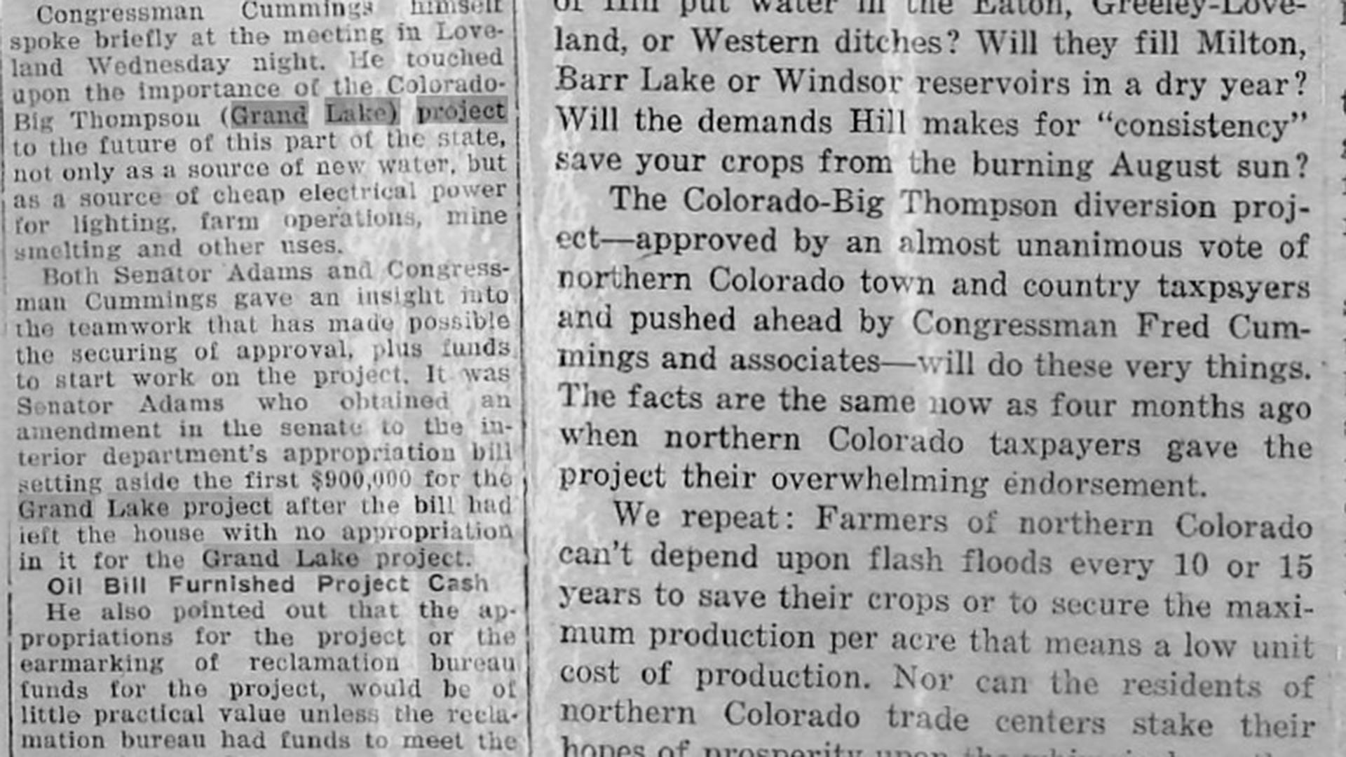 Historic newspaper clipping talking about Grand Lake Project to Colorado-Big Thompson Project.