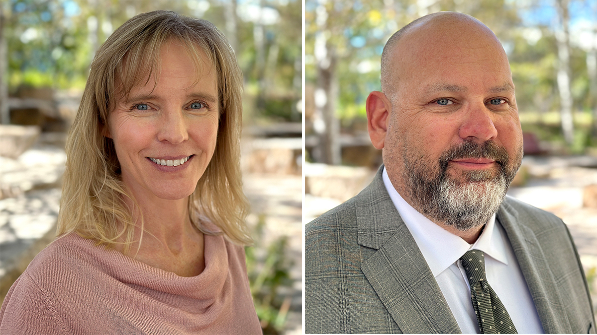 Two side-by-side professional headshot photos, a woman on the left, a man on the right