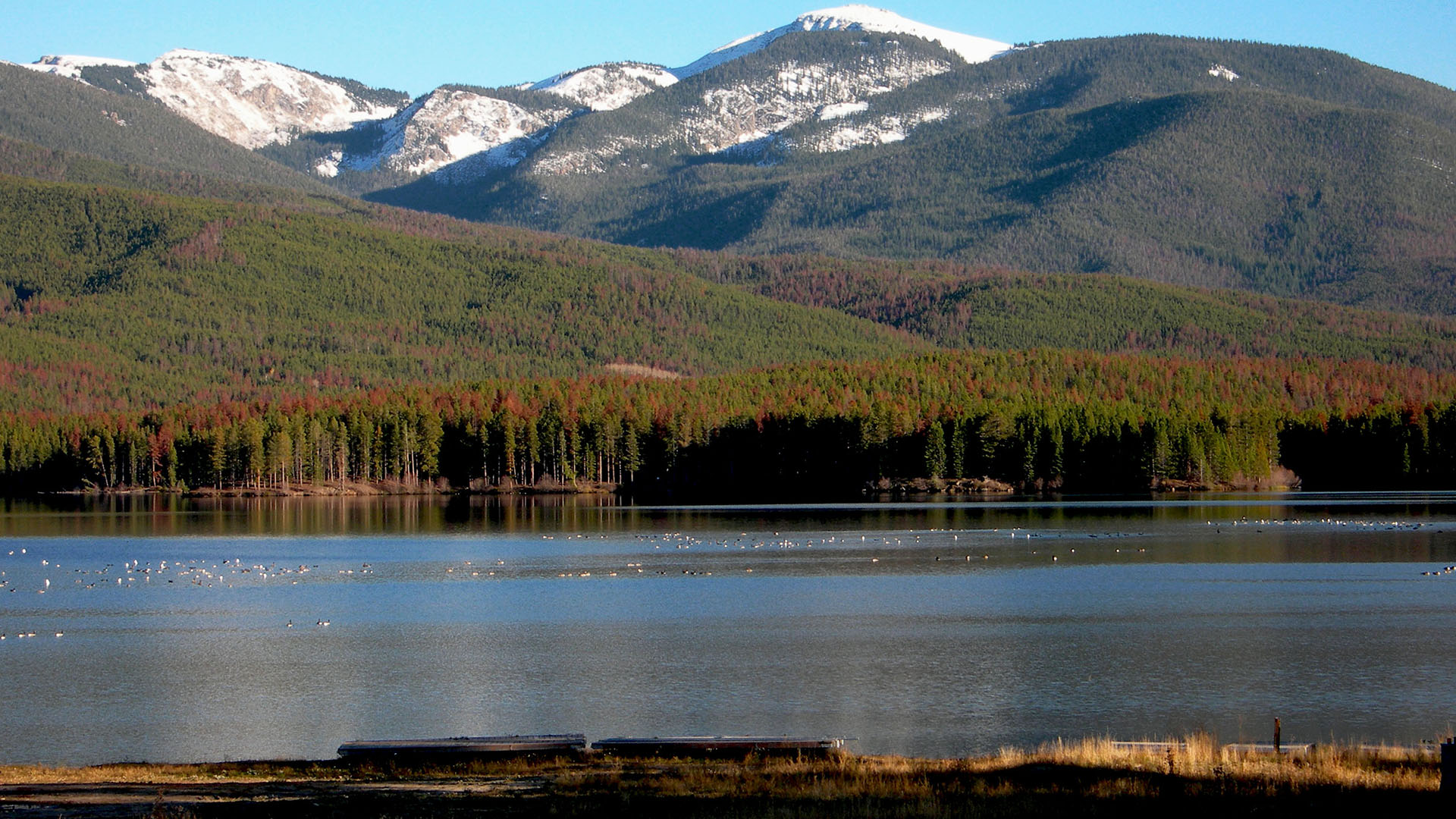 Shadow Mountain Reservoir with Rocky Mountains in the background