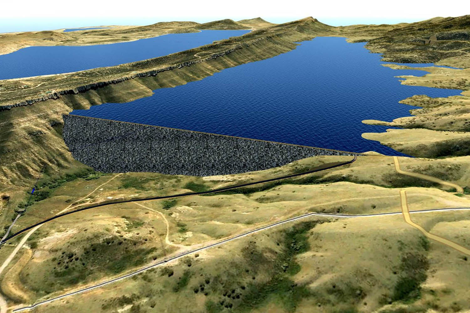 Rendering of a full Chimney Hollow Reservoir with Carter Lake in the background.