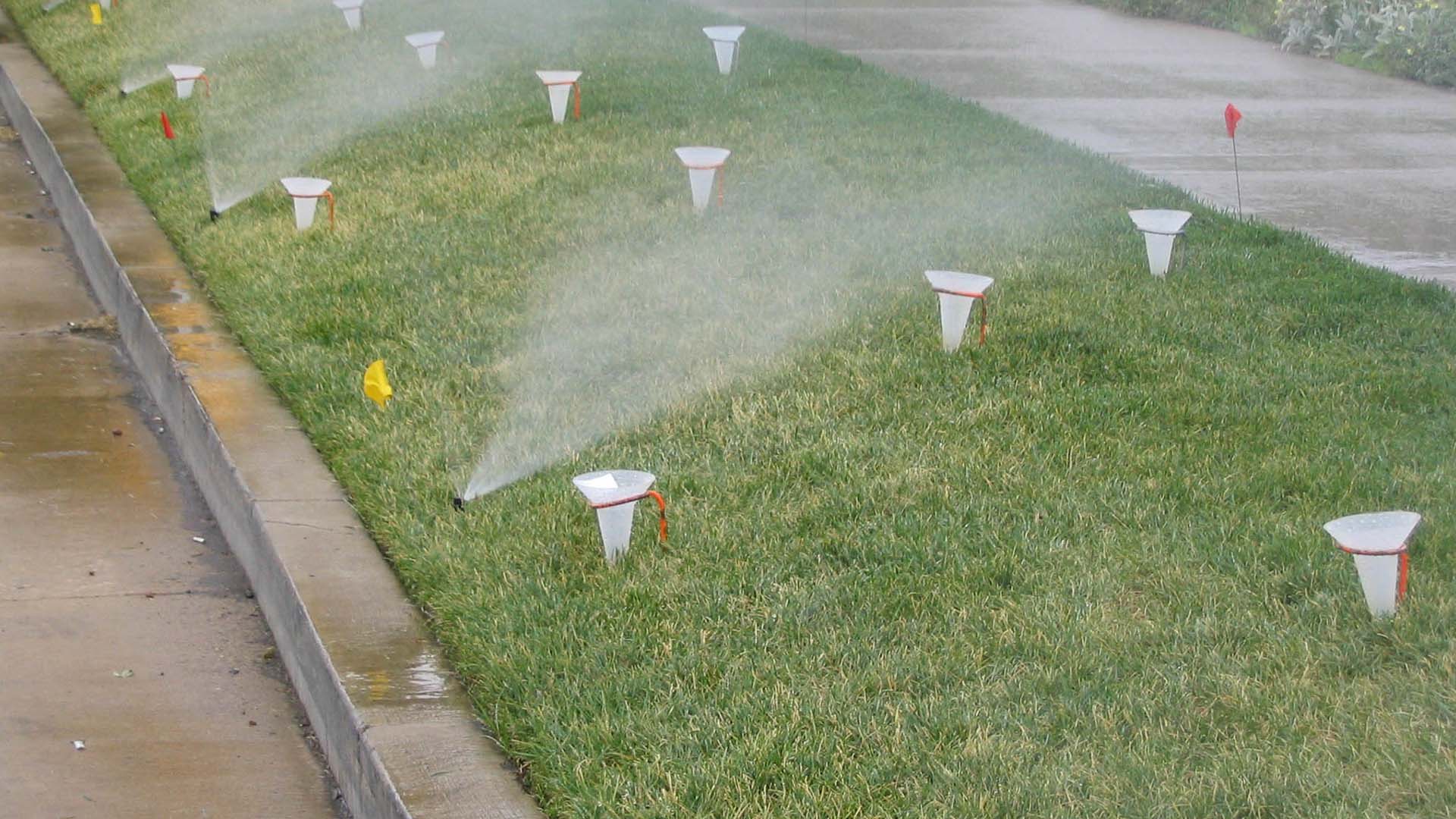 A Catch Cup Test is used to measure the precipitation rate and distribution uniformity of the water applied to the lawn.  