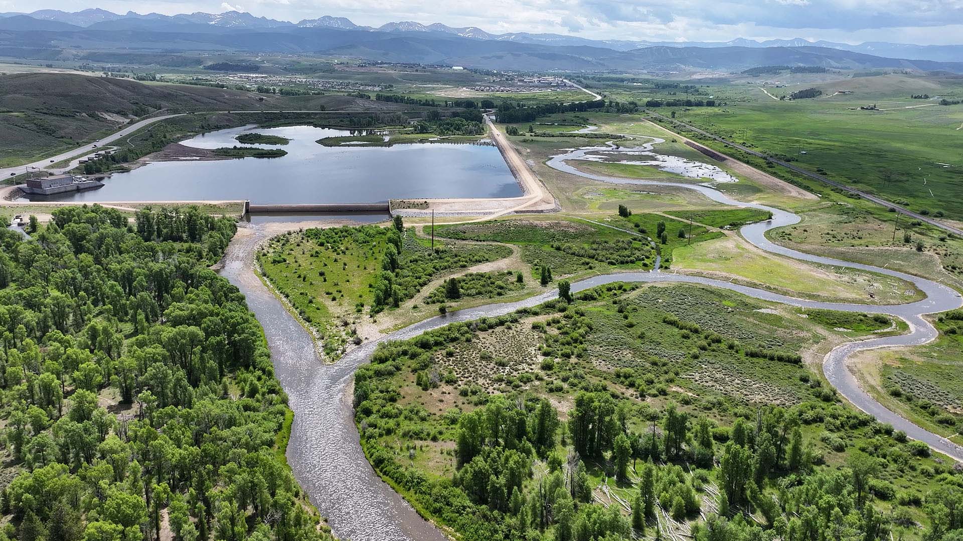 Aerial image showing the Colorado River Connectivity Channel and Windy Gap Reservoir.