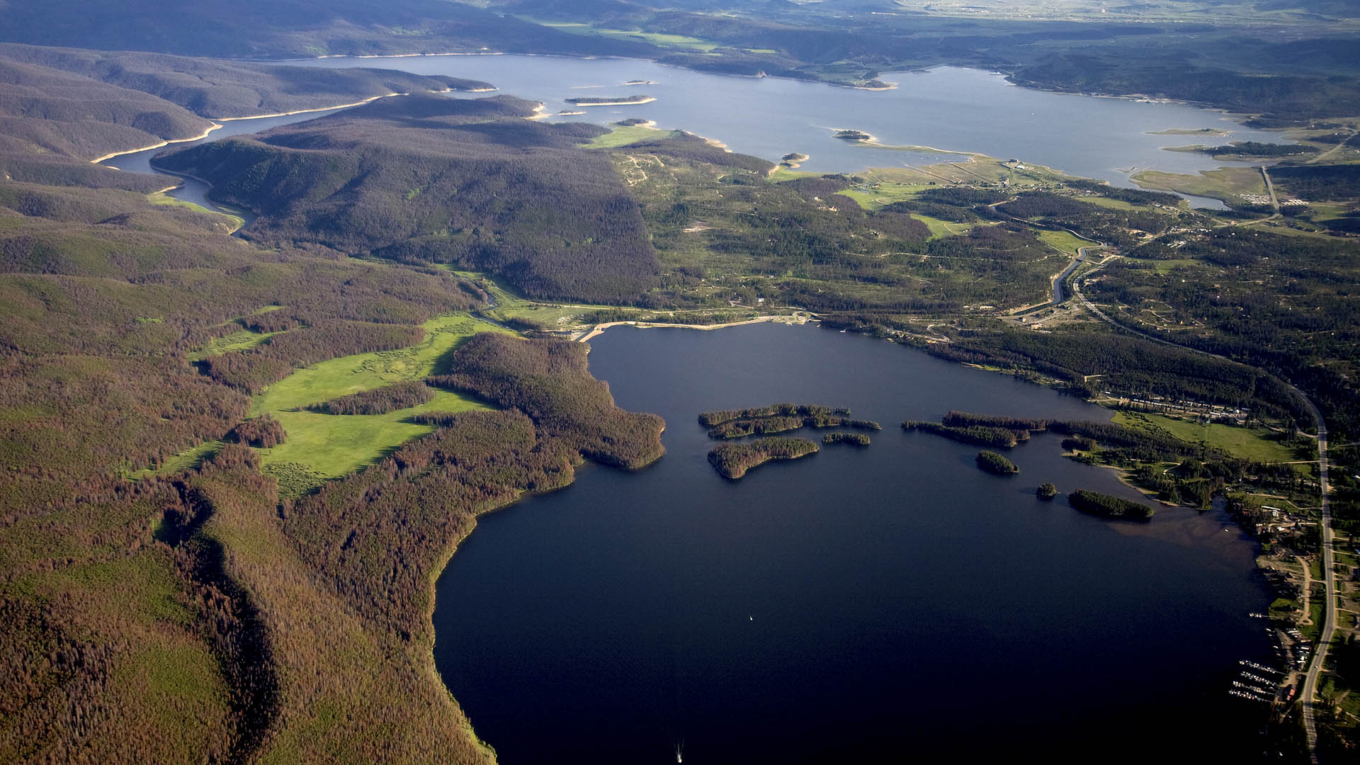Aerial view of Lake Granby and Shadow Mountain Reservoir