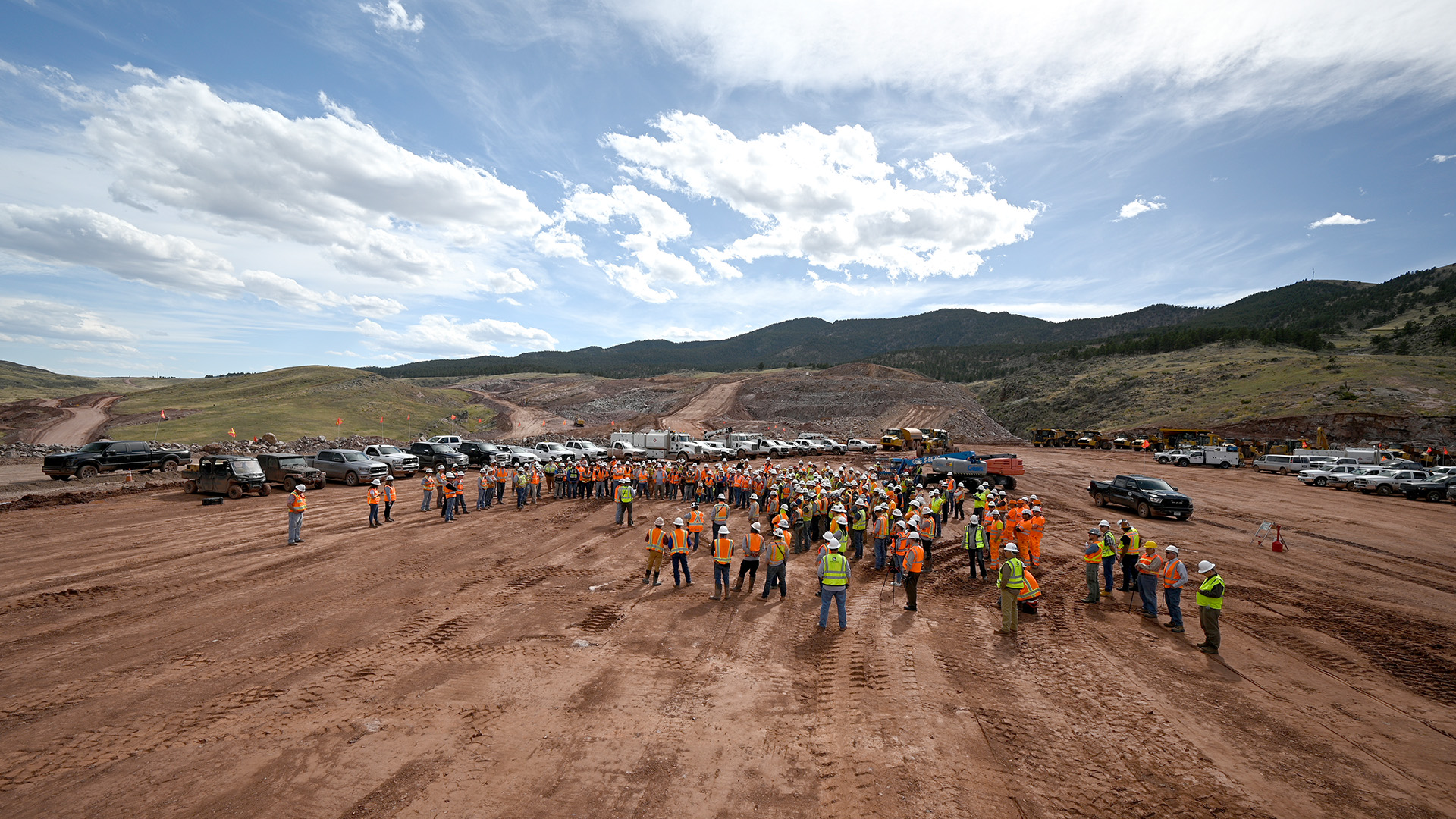 Overhead view of hundreds of employees at an all-site safety meeting in May 2022