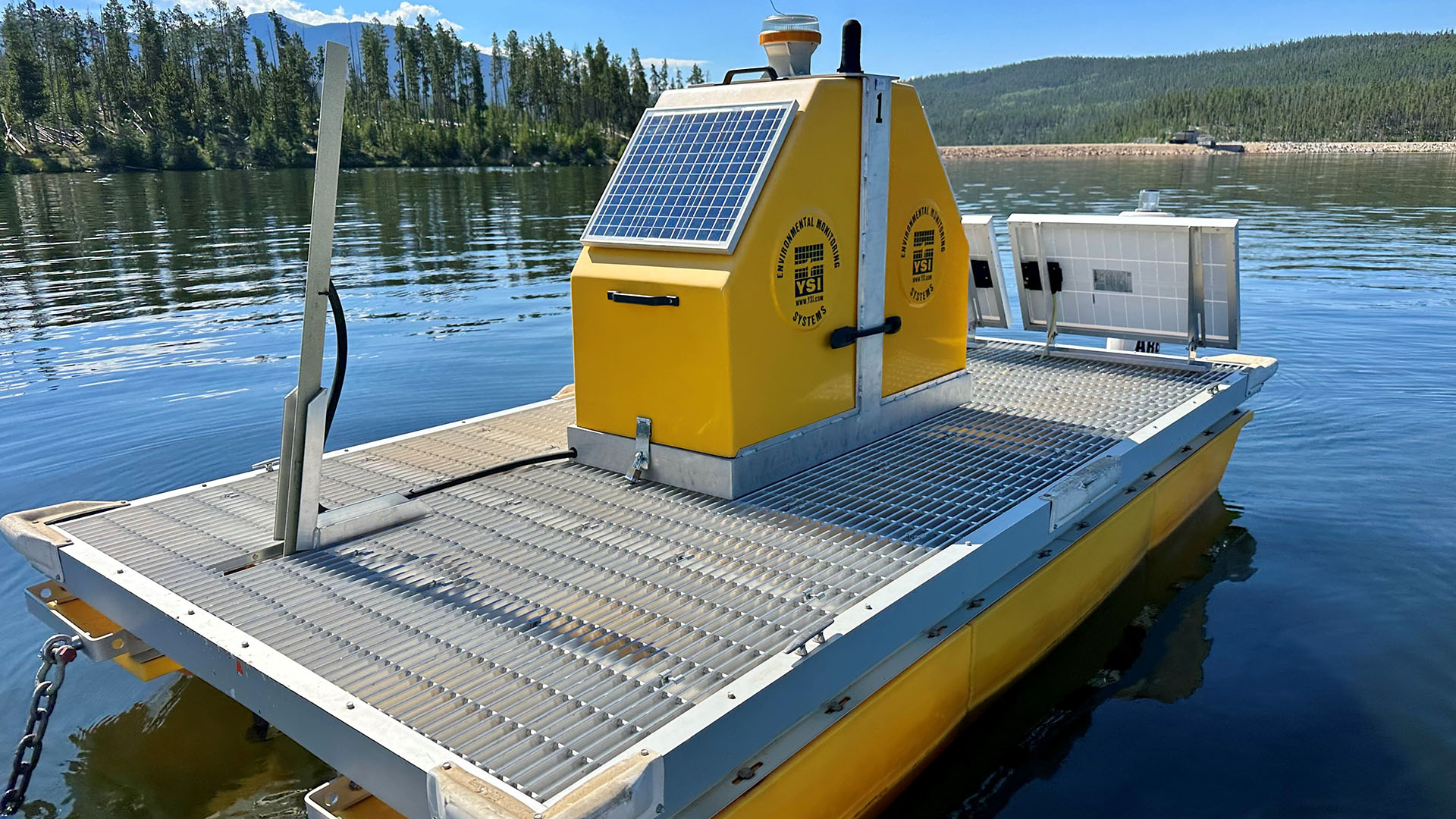 Buoys on Shadow Mountain Reservoir collect water quality data.