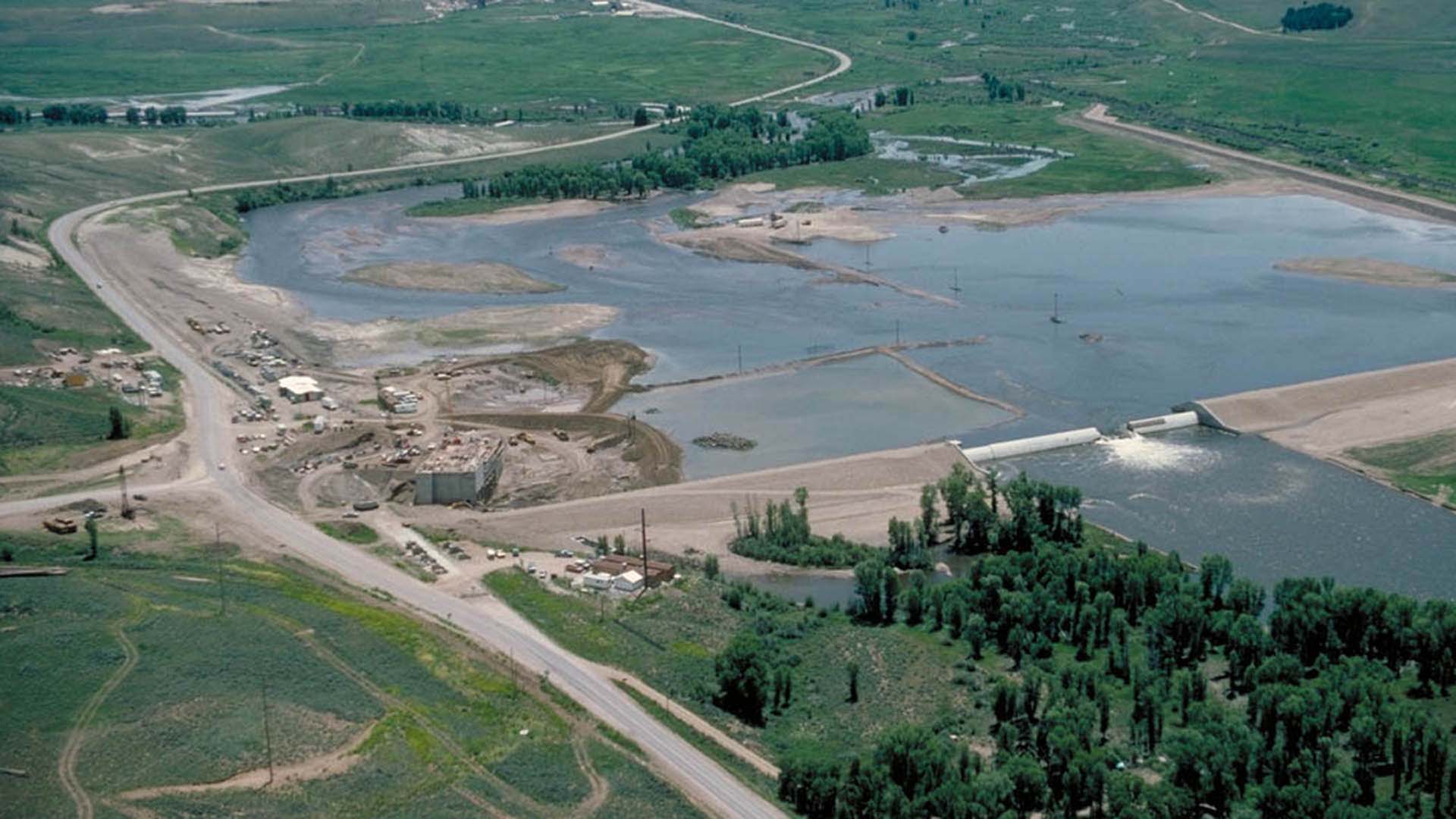 Construction on the Windy Gap Reservoir and Pump Plant in the 1980s.