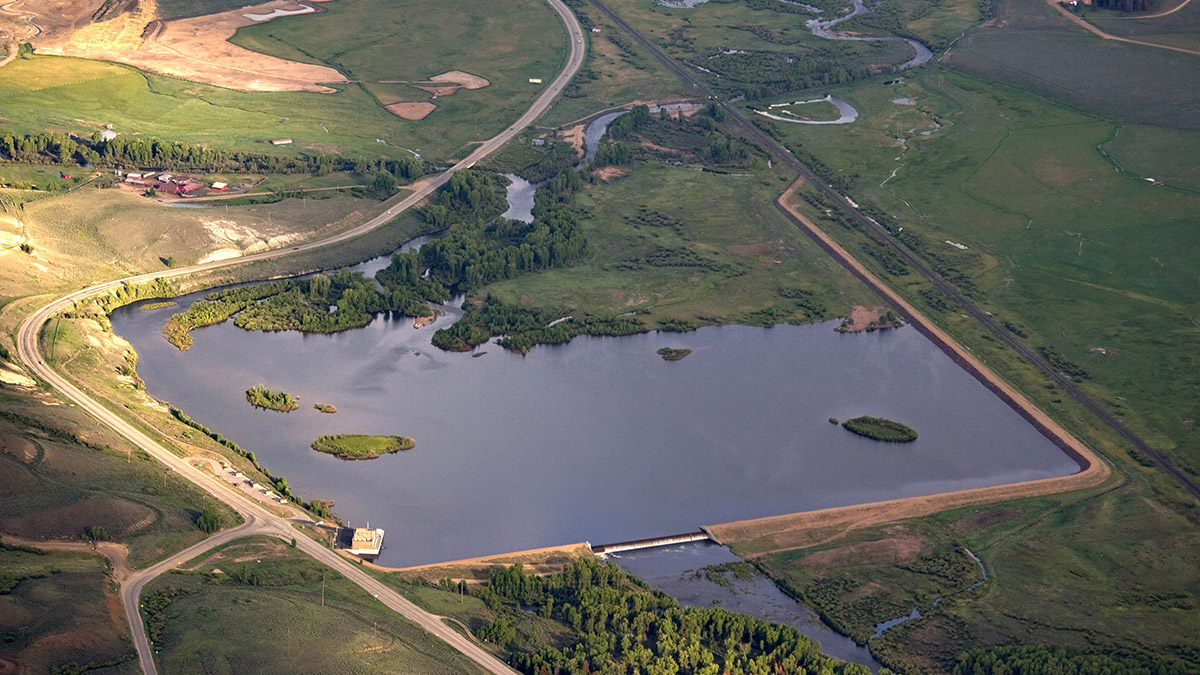 Aerial view of Windy Gap Reservoir.